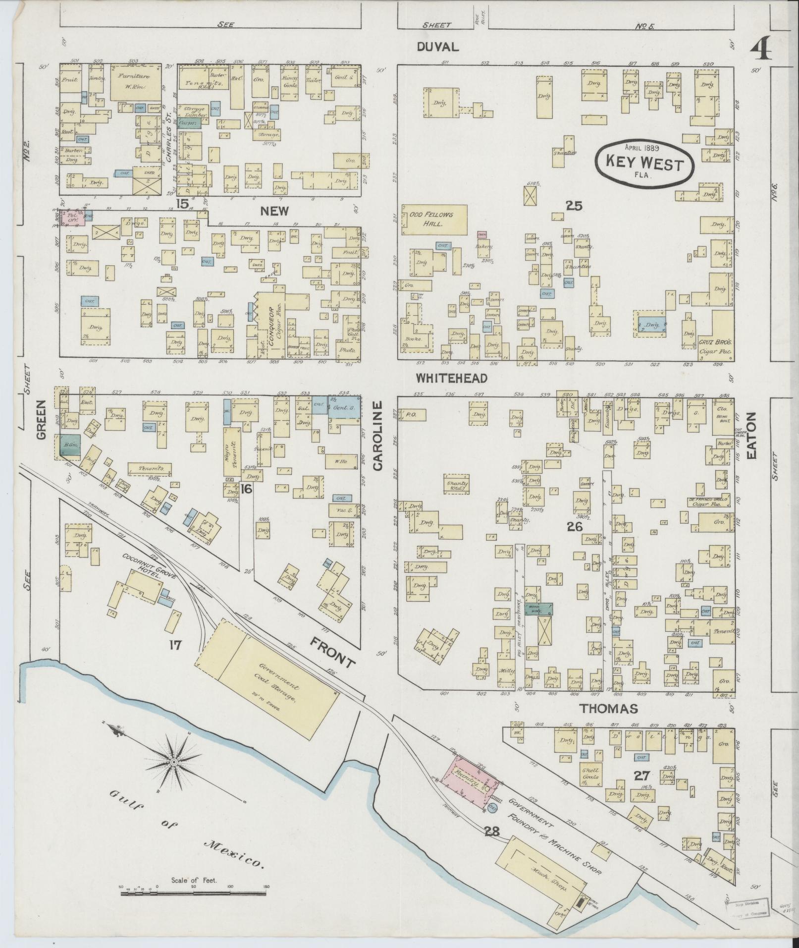 Sanborn Fire Insurance Map from Key West, Monroe County, Florida (1889), Sheet #0004 - Historic Sanborn Fire Insurance Map Print, vintage old map wall art, antique decor, genealogy gift, Florida Florida map