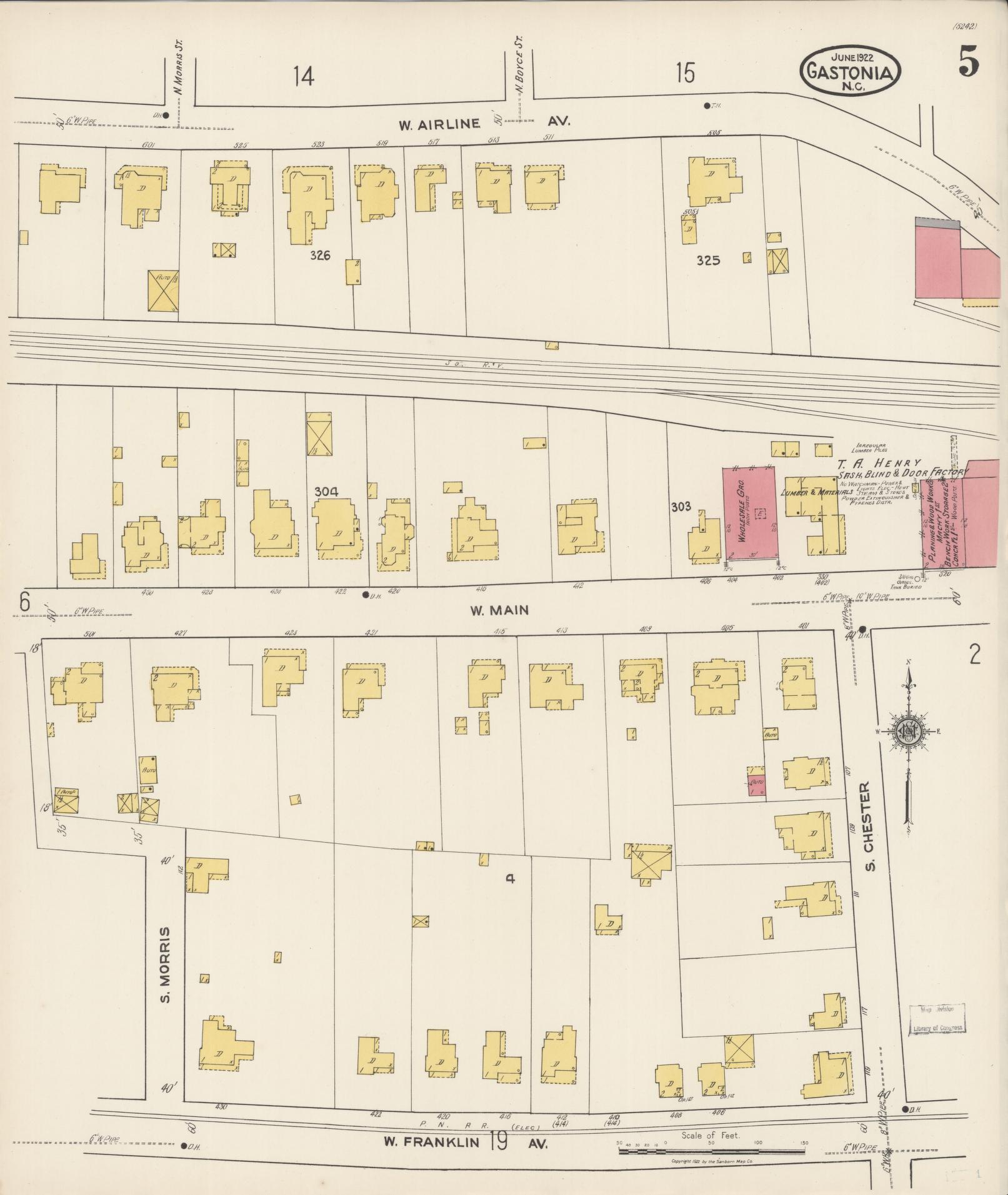 Sanborn Fire Insurance Map from Gastonia, Gaston County, North Carolina (1922), Sheet #0005 - Complete Map Set gallery image, historic Sanborn map, vintage wall art, North Carolina North Carolina
