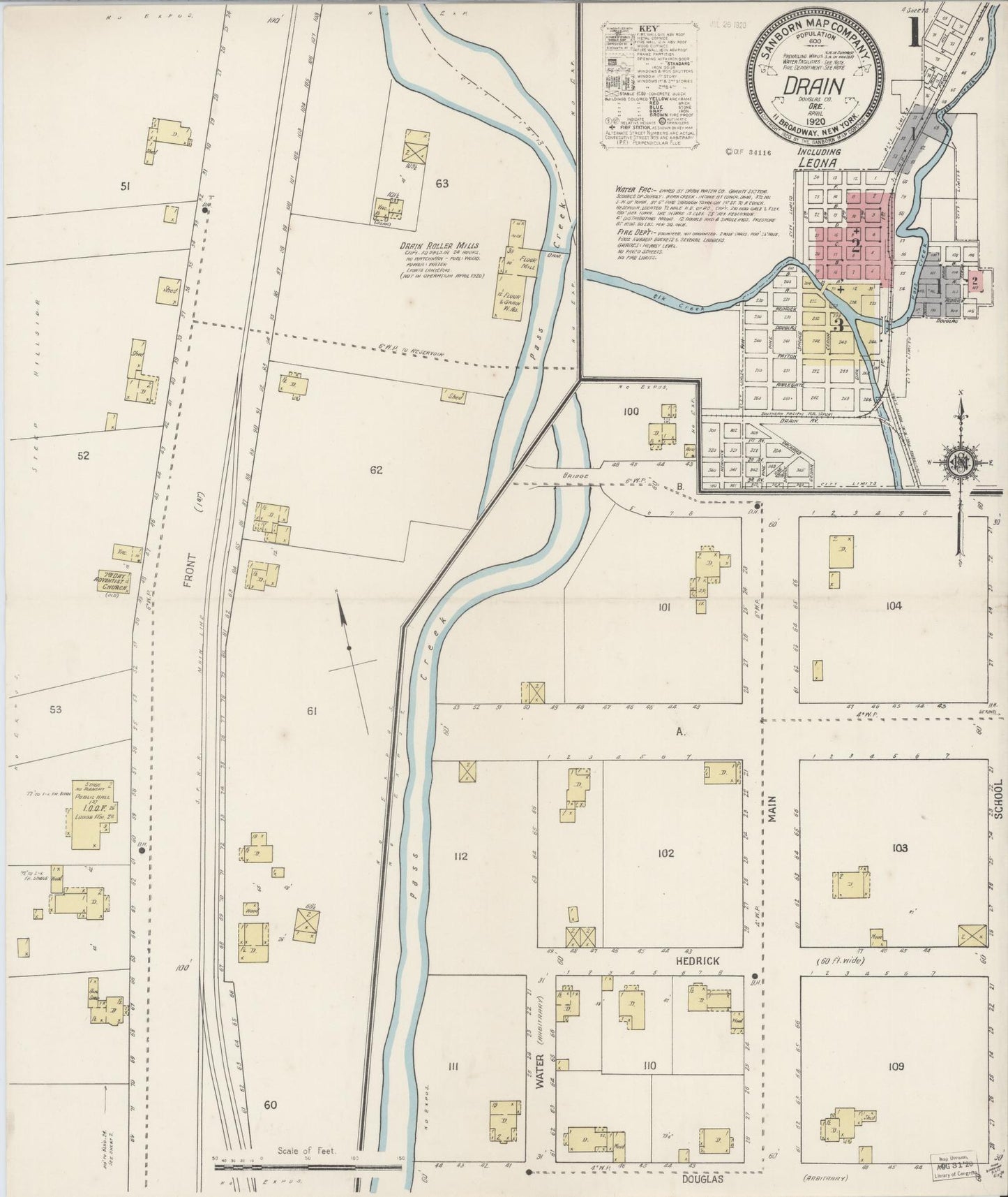 Sanborn Fire Insurance Map from Drain, Douglas County, Oregon (1920), Sheet #0001 - Complete Map Set gallery image, historic Sanborn map, vintage wall art, Oregon Oregon
