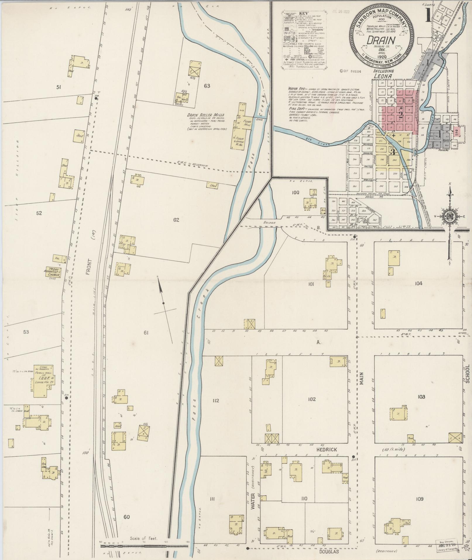 Sanborn Fire Insurance Map from Drain, Douglas County, Oregon (1920), Sheet #0001 - Complete Map Set gallery image, historic Sanborn map, vintage wall art, Oregon Oregon