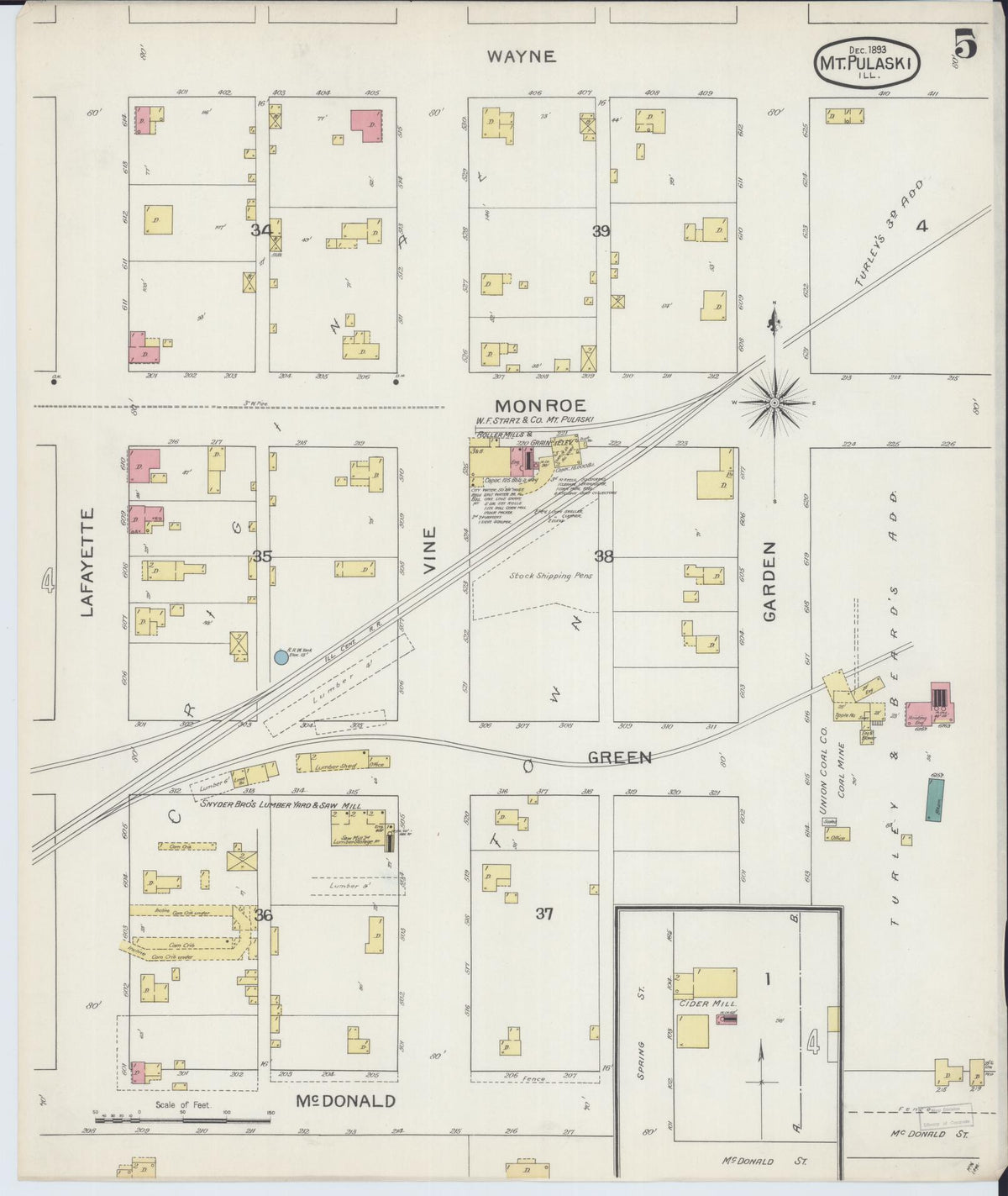 Sanborn Fire Insurance Map from Mount Pulaski, Logan County, Illinois (1893), Sheet #0005 - Historic Sanborn Fire Insurance Map Print, vintage old map wall art, antique decor, genealogy gift, Illinois Illinois map