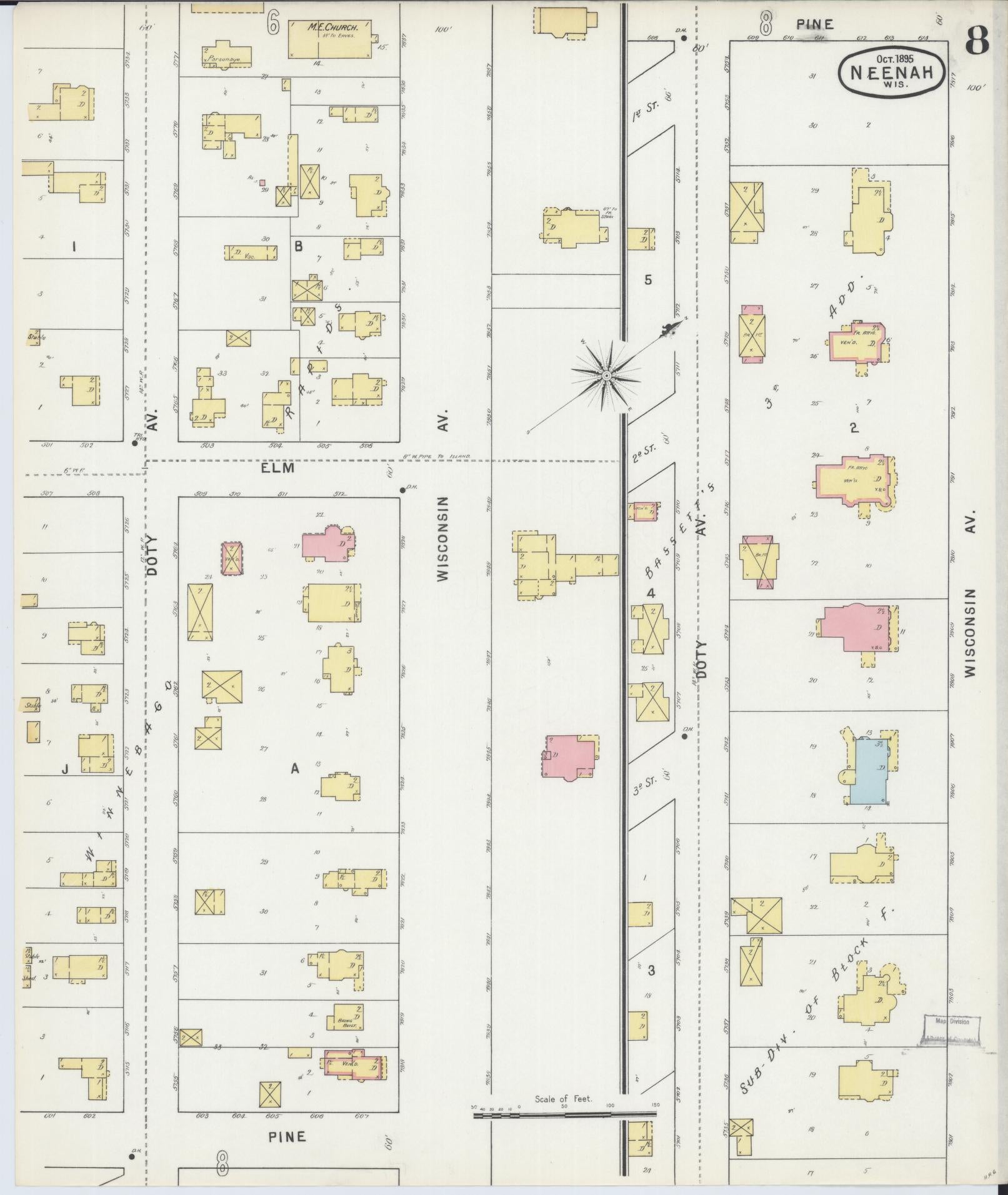 Sanborn Fire Insurance Map from Neenah, Winnebago County, Wisconsin (1895), Sheet #0008 - Complete Map Set gallery image, historic Sanborn map, vintage wall art, Wisconsin Wisconsin