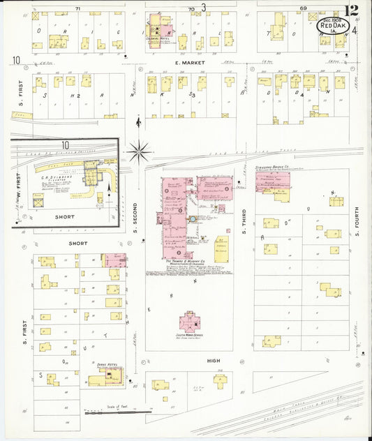 Sanborn Fire Insurance Map from Red Oak, Montgomery County, Iowa (1908), Sheet #0012 - Historic Sanborn Fire Insurance Map Print, vintage old map wall art