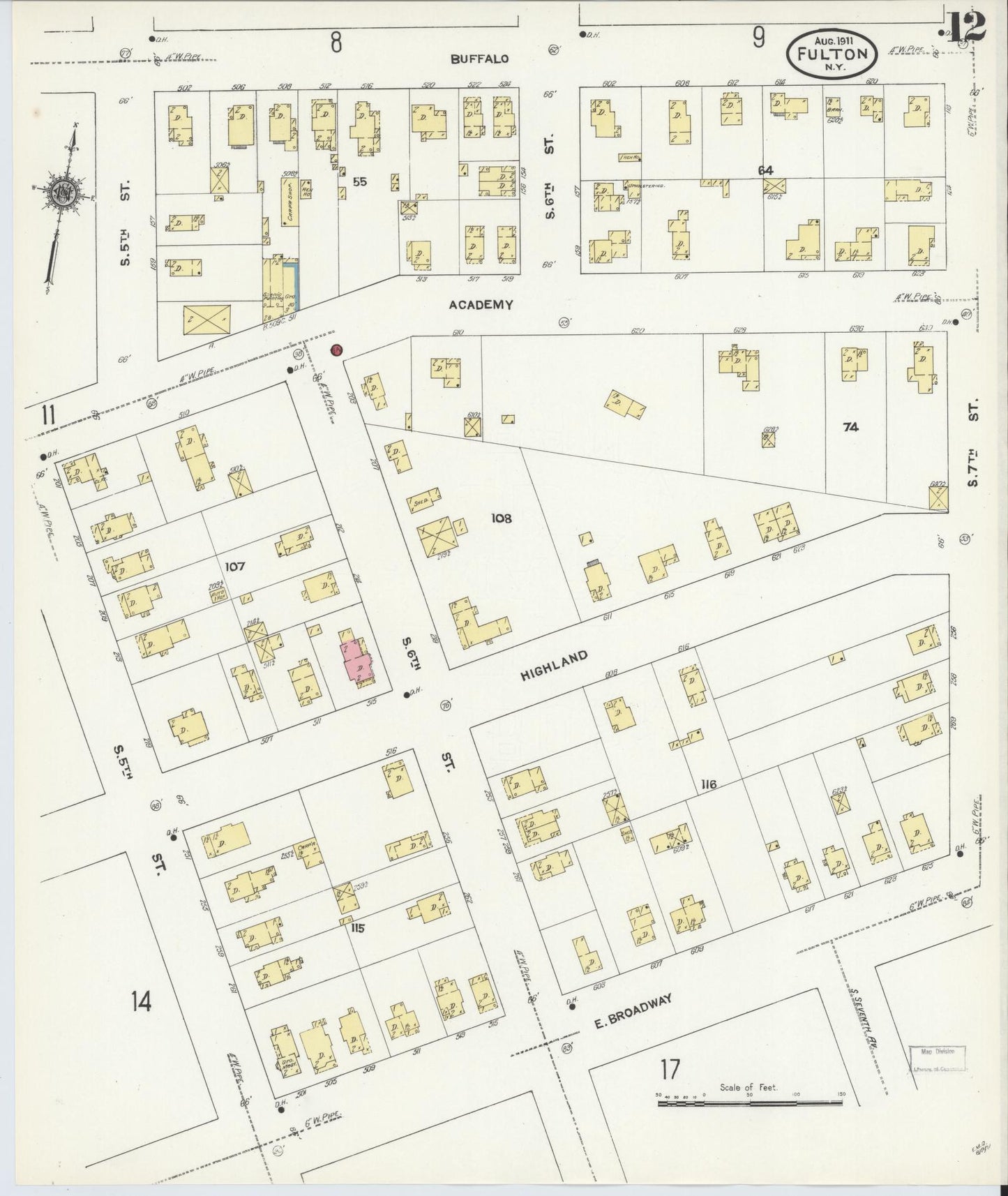 Sanborn Fire Insurance Map from Fulton, Oswego County, New York (1911), Sheet #0012 - Historic Sanborn Fire Insurance Map Print, vintage old map wall art, antique decor, genealogy gift, New York New York map