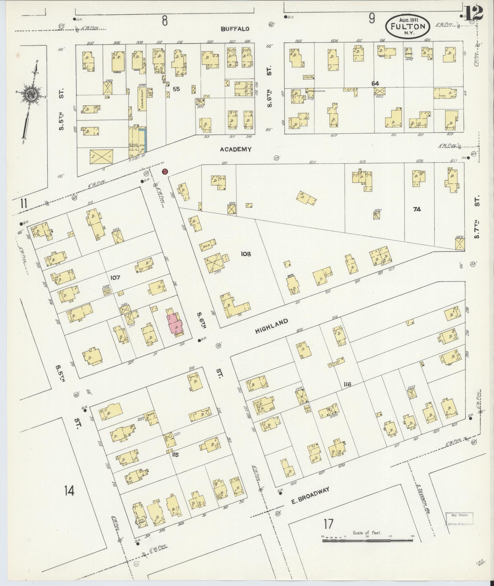 Sanborn Fire Insurance Map from Fulton, Oswego County, New York (1911), Sheet #0012 - Historic Sanborn Fire Insurance Map Print, vintage old map wall art, antique decor, genealogy gift, New York New York map