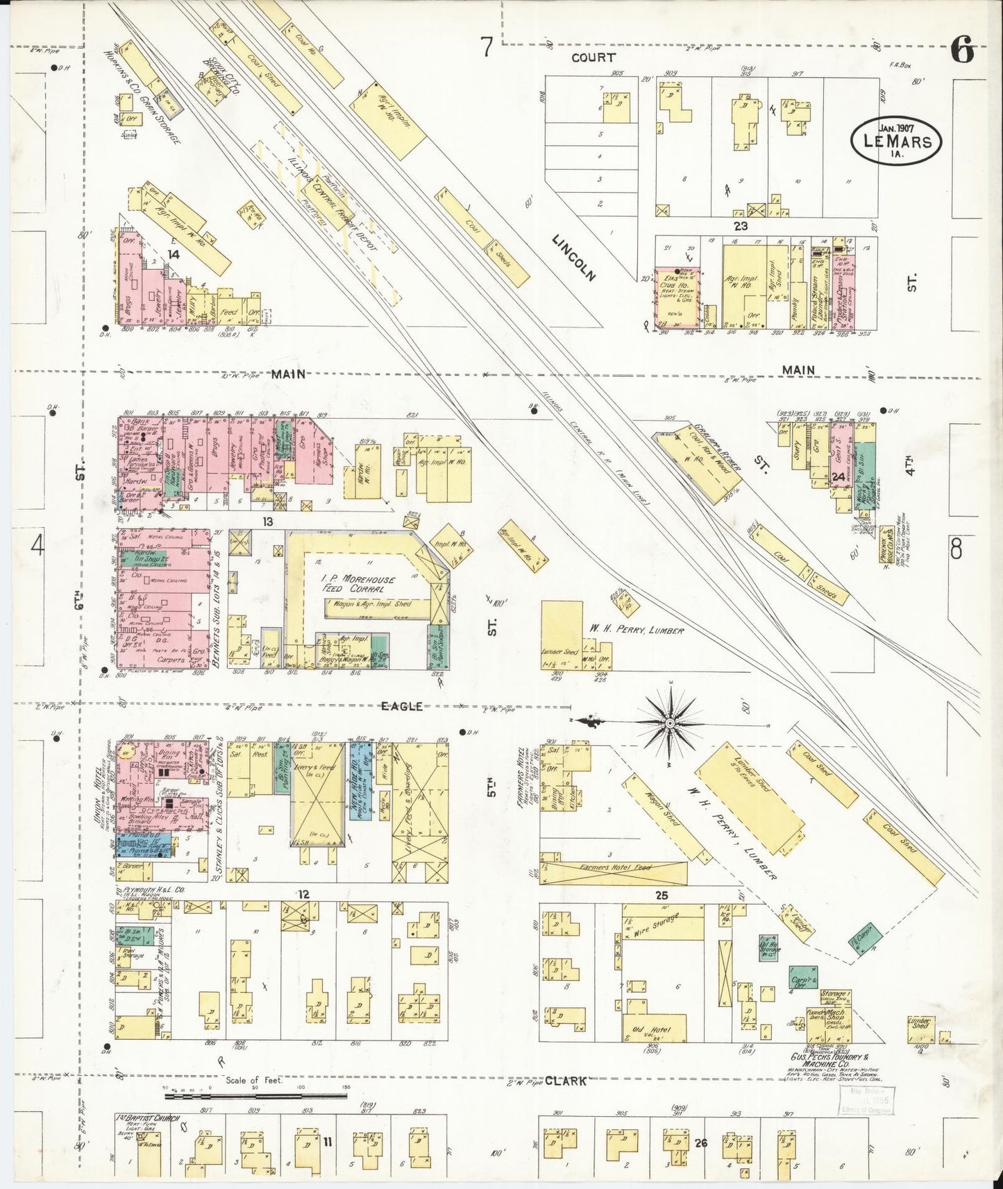 Sanborn Fire Insurance Map from Le Mars, Plymouth County, Iowa (1907), Sheet #0006 - Historic Sanborn Fire Insurance Map Print, vintage old map wall art