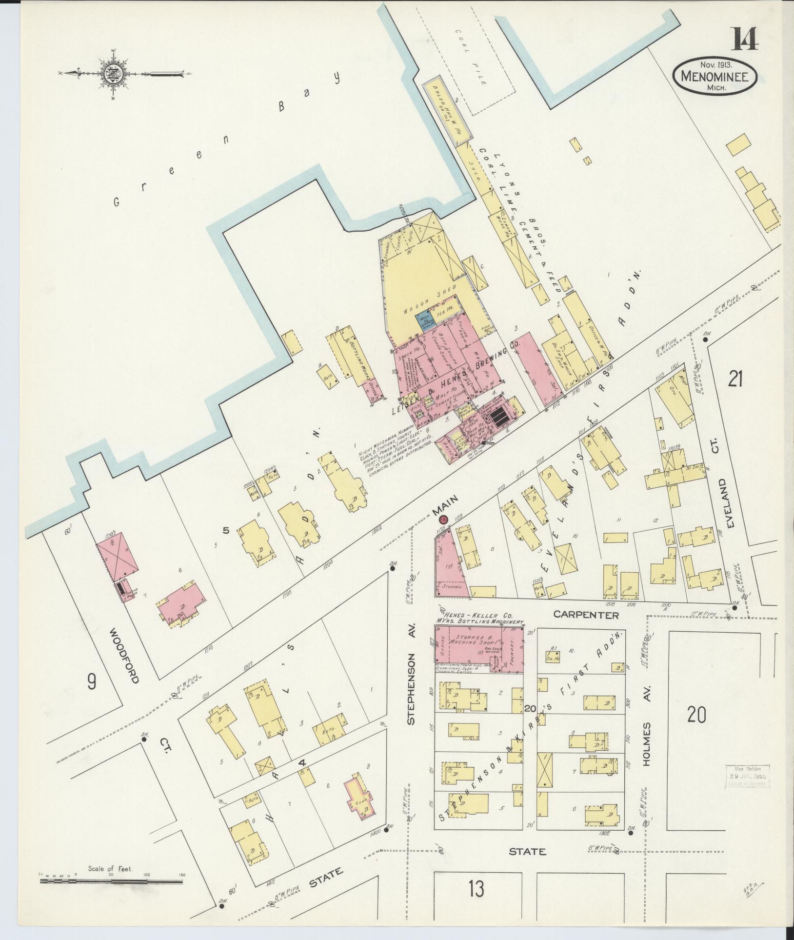 Sanborn Fire Insurance Map from Menominee, Menominee County, Michigan (1913), Sheet #0014 - Complete Map Set gallery image, historic Sanborn map, vintage wall art, Michigan Michigan