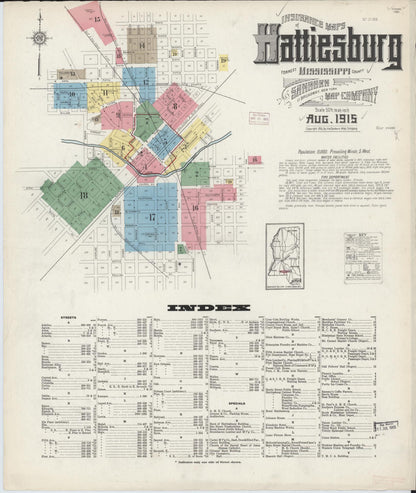 Sanborn Fire Insurance Map from Hattiesburg, Forrest County, Mississippi (1915), Sheet #0001 - Complete Map Set gallery image, historic Sanborn map, vintage wall art, Mississippi Mississippi