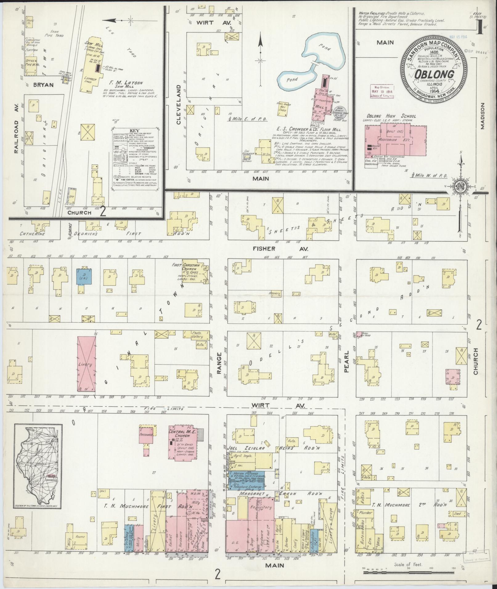 Sanborn Fire Insurance Map from Oblong, Crawford County, Illinois (1914), Sheet #0001 - Historic Sanborn Fire Insurance Map Print, vintage old map wall art, antique decor, genealogy gift, Illinois Illinois map