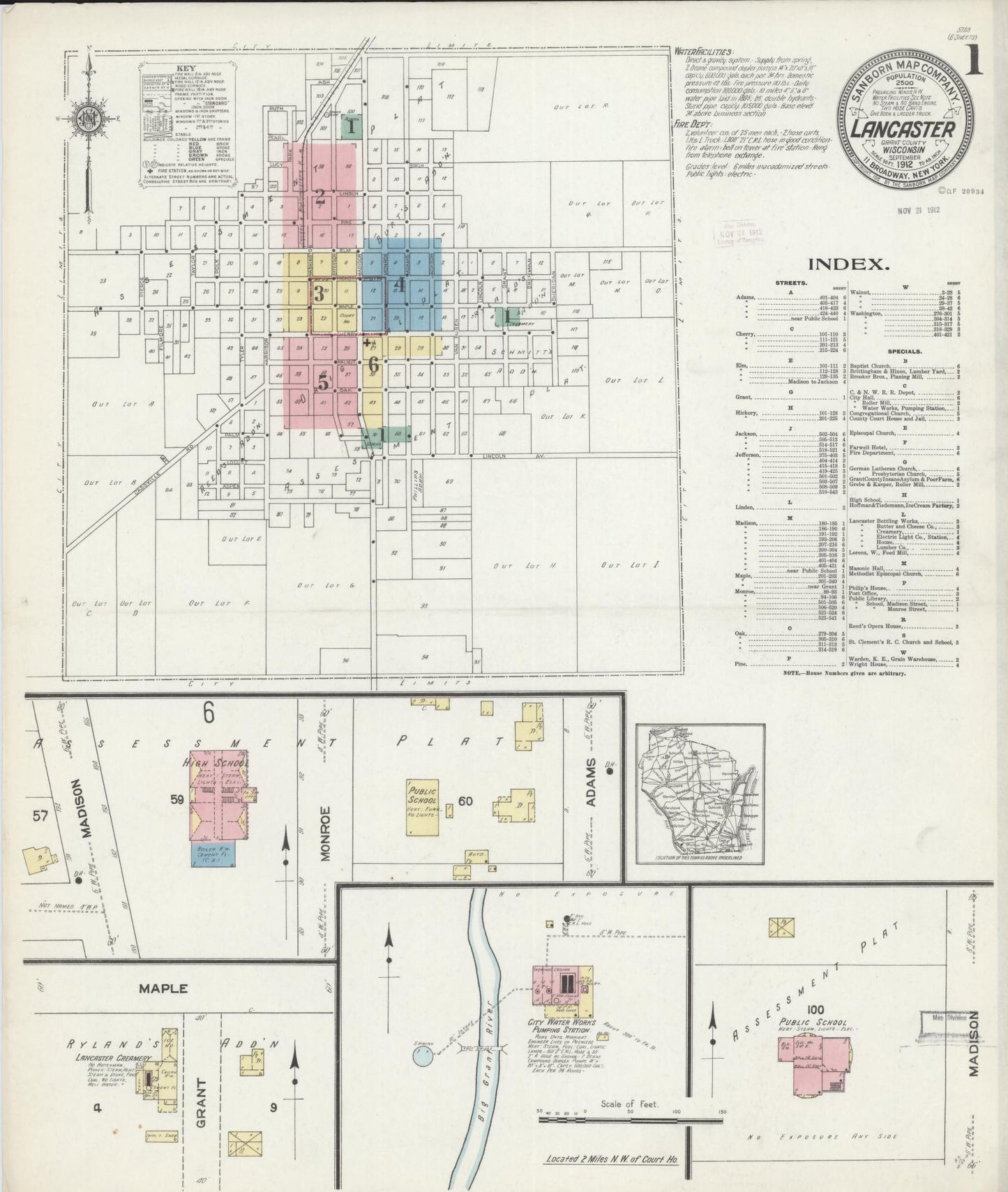 Sanborn Fire Insurance Map from Lancaster, Grant County, Wisconsin (1912), Sheet #0001 - Historic Sanborn Fire Insurance Map Print, vintage old map wall art, antique decor, genealogy gift, Wisconsin Wisconsin map