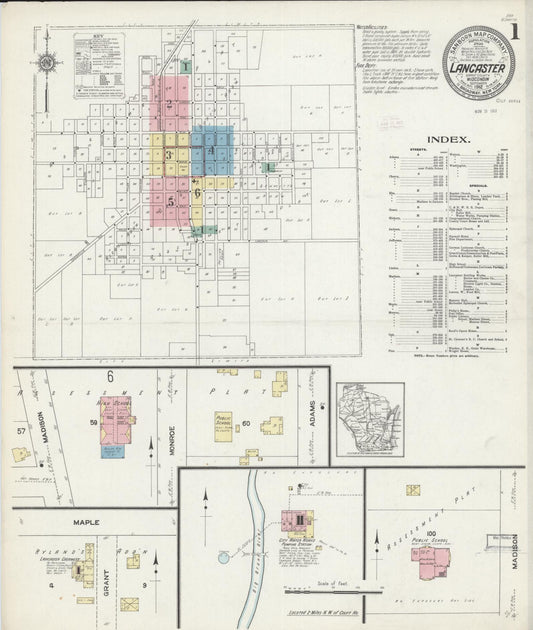 Sanborn Fire Insurance Map from Lancaster, Grant County, Wisconsin (1912), Sheet #0001 - Historic Sanborn Fire Insurance Map Print, vintage old map wall art, antique decor, genealogy gift, Wisconsin Wisconsin map