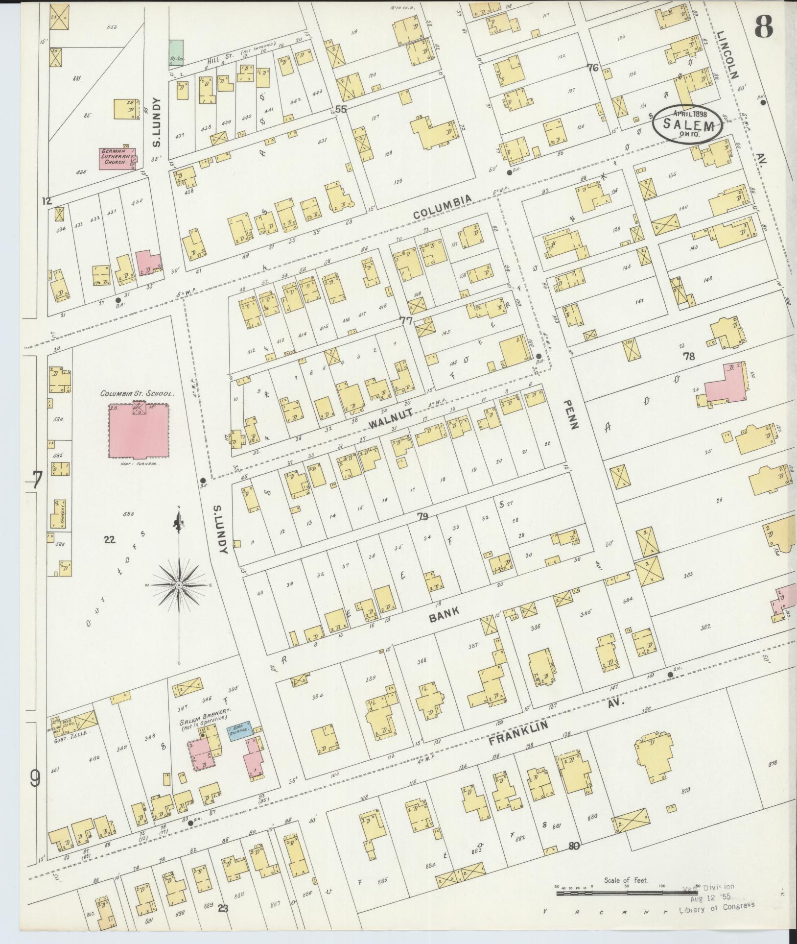 Sanborn Fire Insurance Map from Salem, Columbiana County, Ohio (1898), Sheet #0008 - Complete Map Set gallery image, historic Sanborn map, vintage wall art, Ohio Ohio