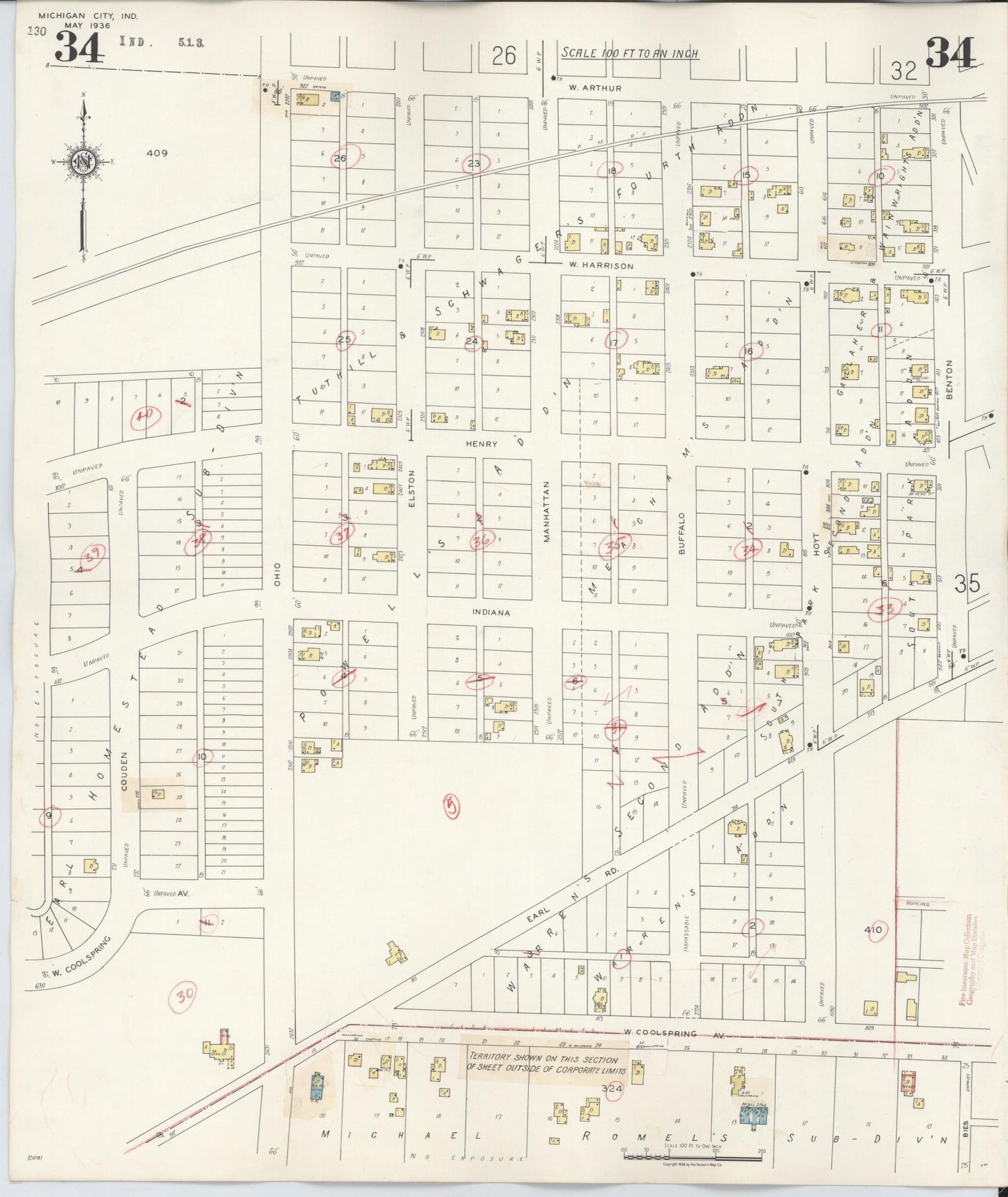 Sanborn Fire Insurance Map from Michigan City, La Porte County, Indiana (1948), Sheet #0034 - Historic Sanborn Fire Insurance Map Print, vintage old map wall art, antique decor, genealogy gift, Michigan Michigan map