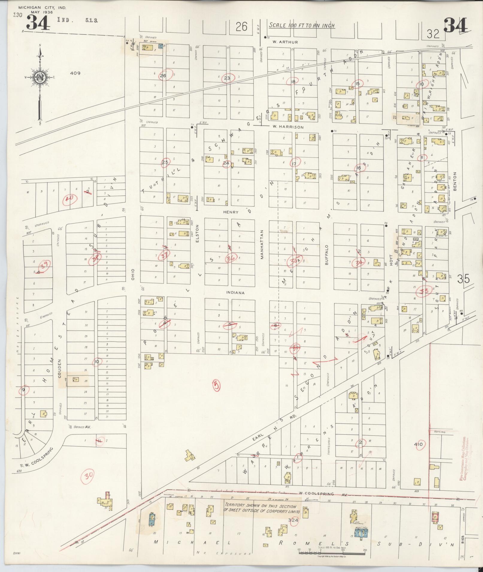 Sanborn Fire Insurance Map from Michigan City, La Porte County, Indiana (1948), Sheet #0034 - Historic Sanborn Fire Insurance Map Print, vintage old map wall art, antique decor, genealogy gift, Michigan Michigan map