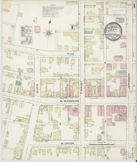 Sanborn Fire Insurance Map from Punxsutawney, Jefferson County, Pennsylvania (1891), Sheet #0001 - Historic Sanborn Fire Insurance Map Print, vintage old map wall art, antique decor, genealogy gift, Pennsylvania Pennsylvania map