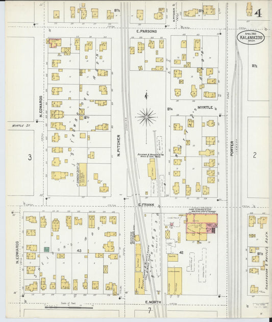 Sanborn Fire Insurance Map from Kalamazoo, Kalamazoo County, Michigan (1902), Sheet #0004 - Historic Sanborn Fire Insurance Map Print, vintage old map wall art, antique decor, genealogy gift, Michigan Michigan map