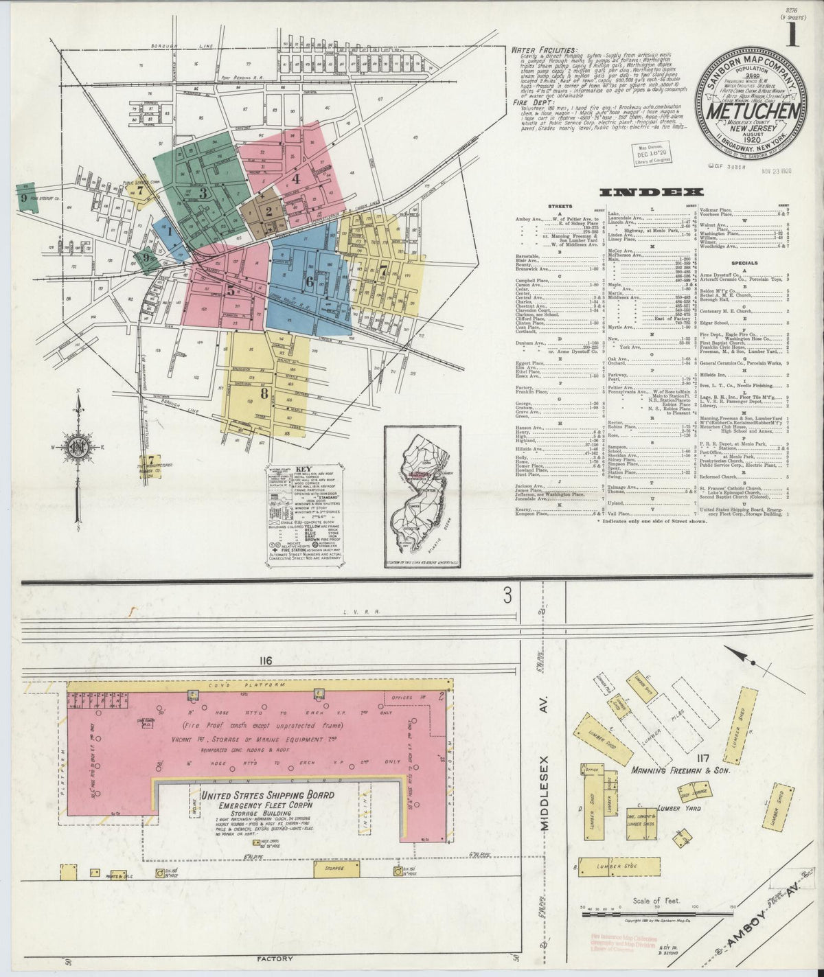 Sanborn Fire Insurance Map from Metuchen, Middlesex County, New Jersey (1920), Sheet #0001 - Complete Map Set gallery image, historic Sanborn map, vintage wall art, New Jersey New Jersey