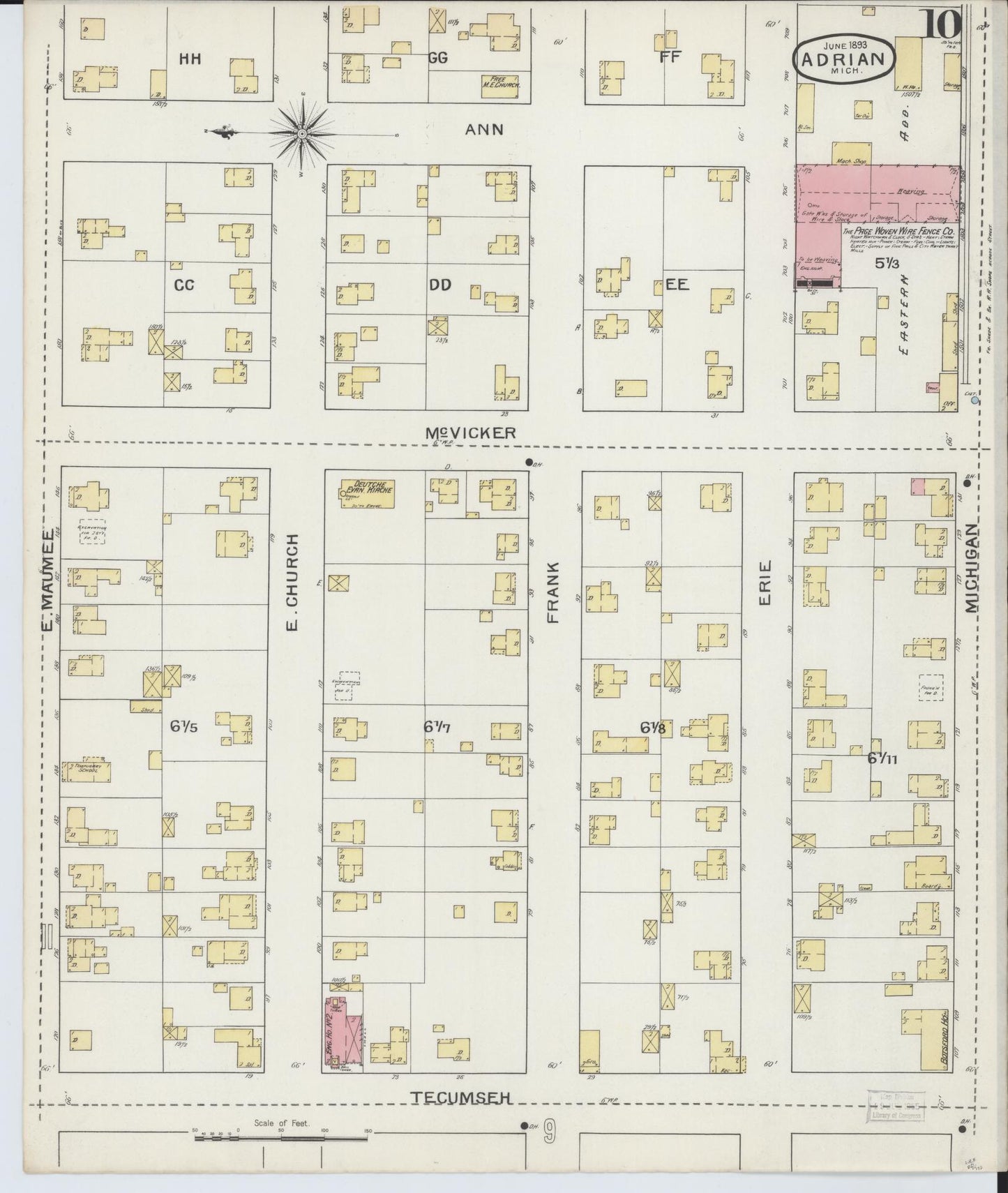 Sanborn Fire Insurance Map from Adrian, Lenawee County, Michigan (1893), Sheet #0010 - Historic Sanborn Fire Insurance Map Print, vintage old map wall art, antique decor, genealogy gift, Michigan Michigan map