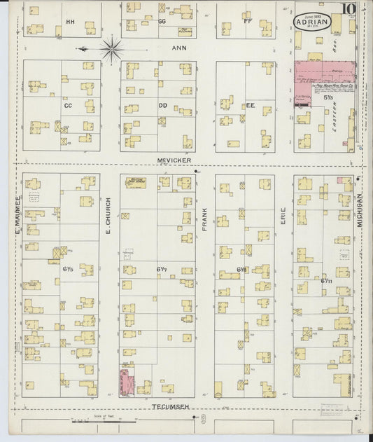 Sanborn Fire Insurance Map from Adrian, Lenawee County, Michigan (1893), Sheet #0010 - Historic Sanborn Fire Insurance Map Print, vintage old map wall art, antique decor, genealogy gift, Michigan Michigan map