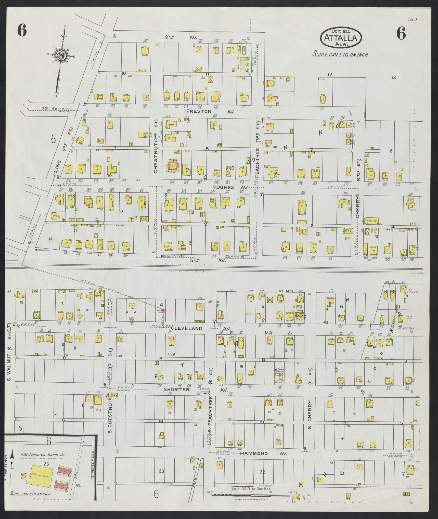 Sanborn Fire Insurance Map from Attalla, Etowah County, Alabama (1925), Sheet #0006 - Complete Map Set gallery image, historic Sanborn map, vintage wall art, Alabama Alabama