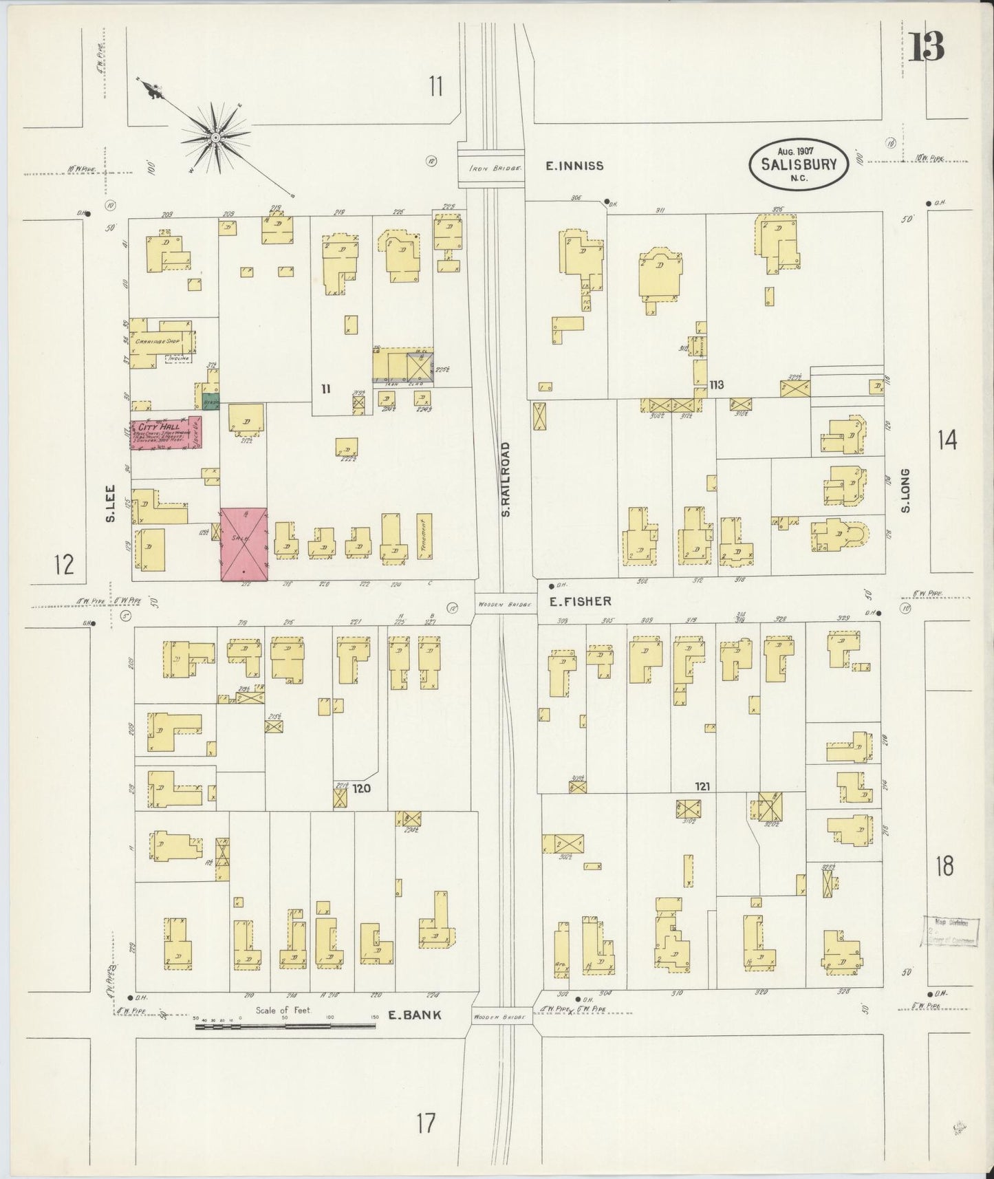 Sanborn Fire Insurance Map from Salisbury, Rowan County, North Carolina (1907), Sheet #0013 - Historic Sanborn Fire Insurance Map Print, vintage old map wall art, antique decor, genealogy gift, North Carolina North Carolina map