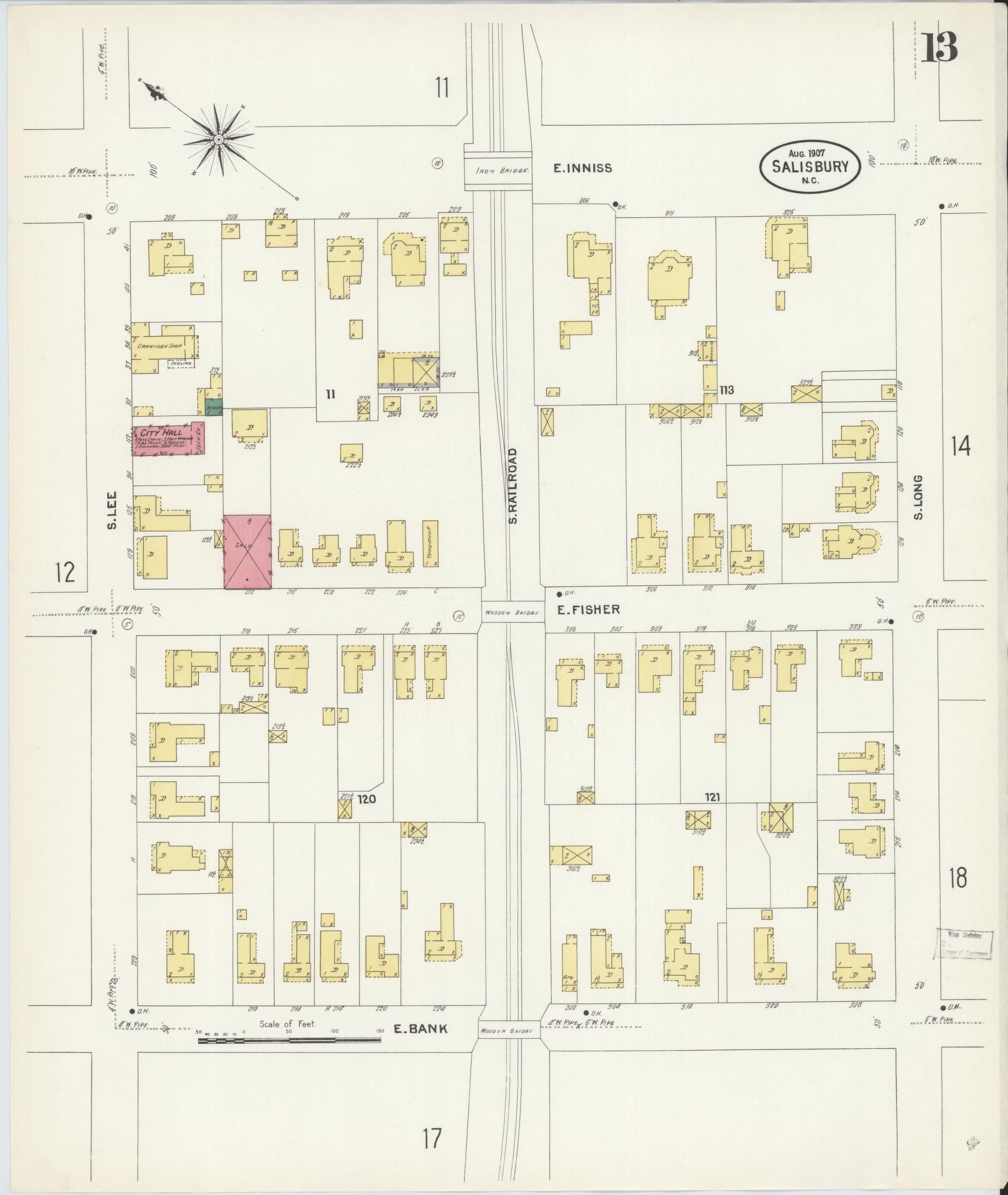 Sanborn Fire Insurance Map from Salisbury, Rowan County, North Carolina (1907), Sheet #0013 - Historic Sanborn Fire Insurance Map Print, vintage old map wall art, antique decor, genealogy gift, North Carolina North Carolina map