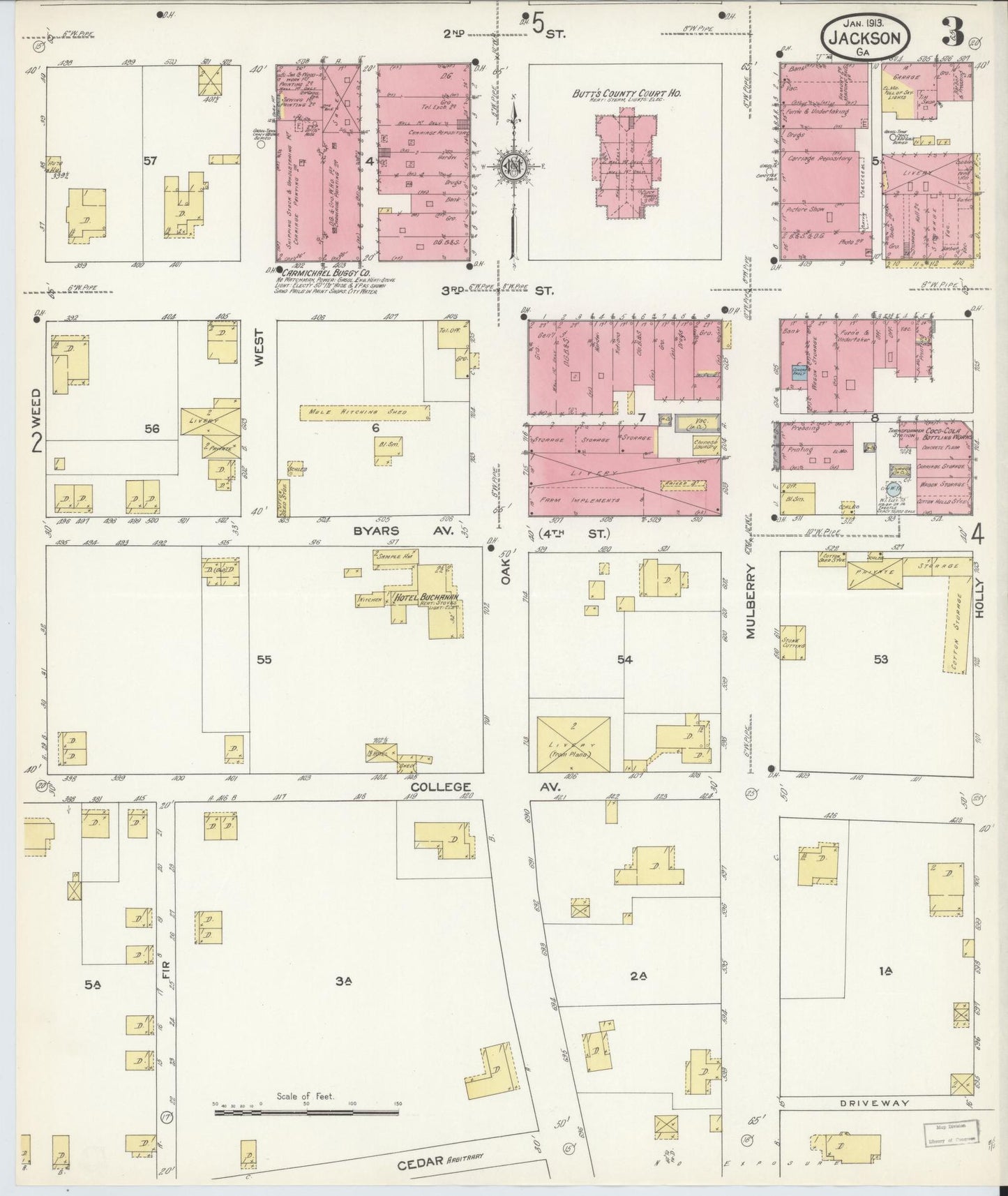 Sanborn Fire Insurance Map from Jackson, Butts County, Georgia (1913), Sheet #0003 - Historic Sanborn Fire Insurance Map Print, vintage old map wall art, antique decor, genealogy gift, Georgia Georgia map