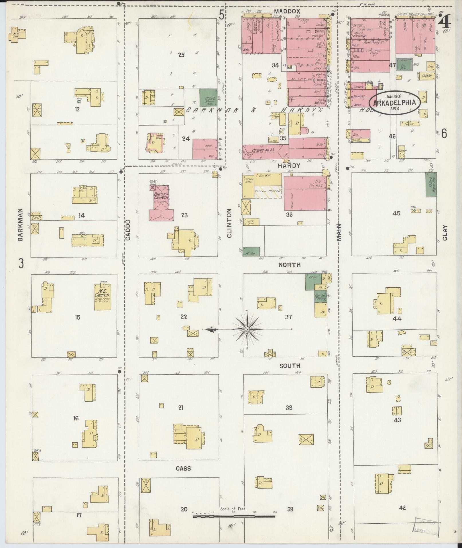 Sanborn Fire Insurance Map from Arkadelphia, Clark County, Arkansas (1901), Sheet #0004 - Complete Map Set gallery image, historic Sanborn map, vintage wall art, Arkansas Arkansas
