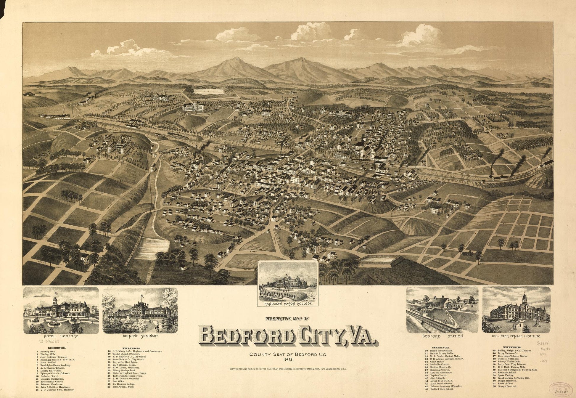 Perspective map of Bedford City, Va., county seat of Bedford Co. 1891. (1891) – Historic Bird’s-Eye View Panorama Print