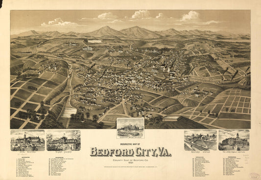 Perspective map of Bedford City, Va., county seat of Bedford Co. 1891. (1891) – Historic Bird’s-Eye View Panorama Print
