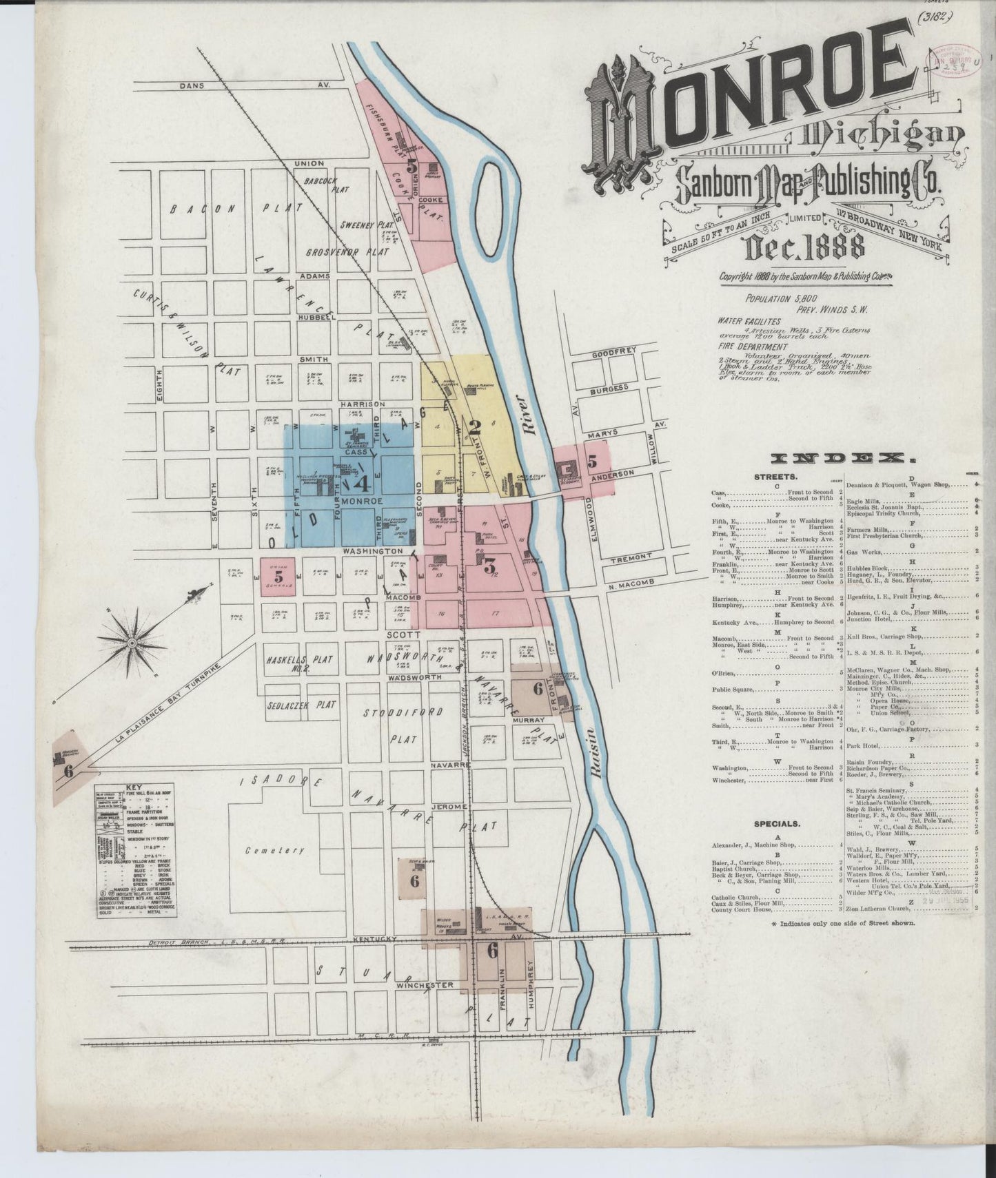 Sanborn Fire Insurance Map from Monroe, Monroe County, Michigan (1888), Sheet #0001 - Historic Sanborn Fire Insurance Map Print, vintage old map wall art, antique decor, genealogy gift, Michigan Michigan map