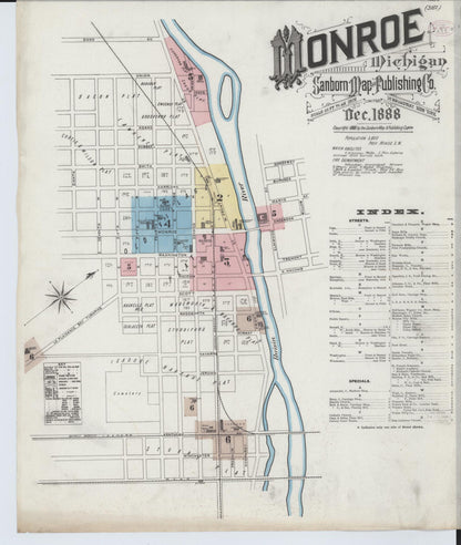 Sanborn Fire Insurance Map from Monroe, Monroe County, Michigan (1888), Sheet #0001 - Historic Sanborn Fire Insurance Map Print, vintage old map wall art, antique decor, genealogy gift, Michigan Michigan map