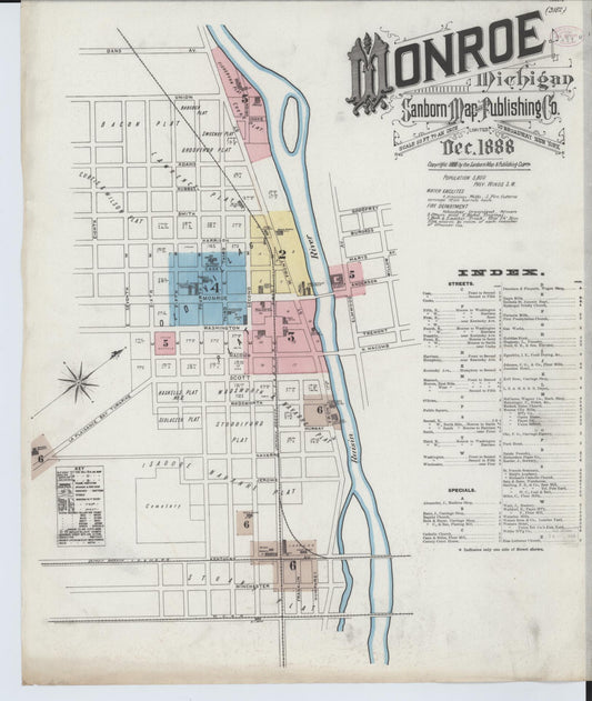 Sanborn Fire Insurance Map from Monroe, Monroe County, Michigan (1888), Sheet #0001 - Historic Sanborn Fire Insurance Map Print, vintage old map wall art, antique decor, genealogy gift, Michigan Michigan map