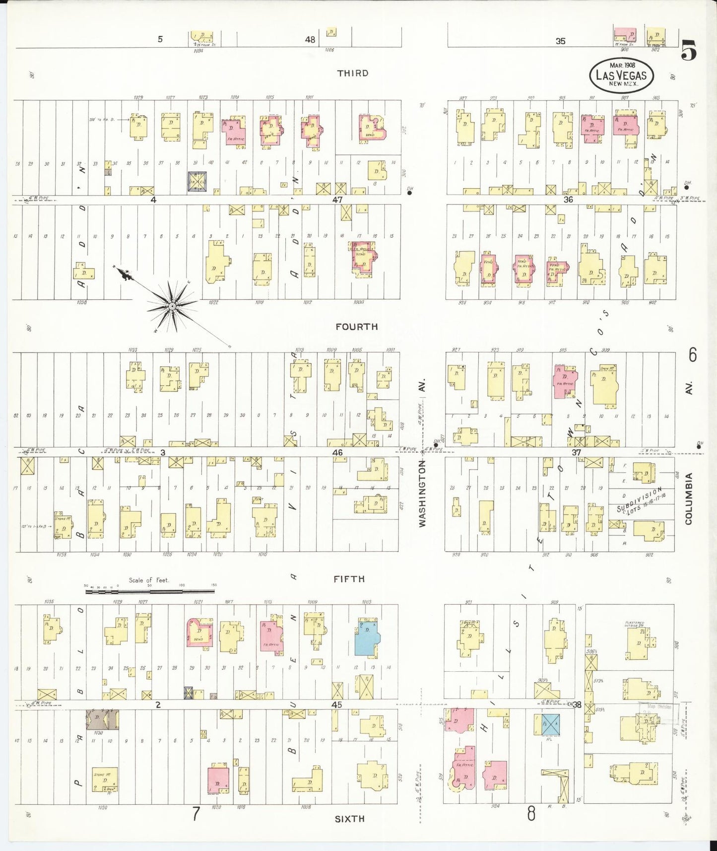 Sanborn Fire Insurance Map from Las Vegas, San Miguel County, New Mexico (1908), Sheet #0005 - Historic Sanborn Fire Insurance Map Print, vintage old map wall art, antique decor, genealogy gift, New Mexico New Mexico map