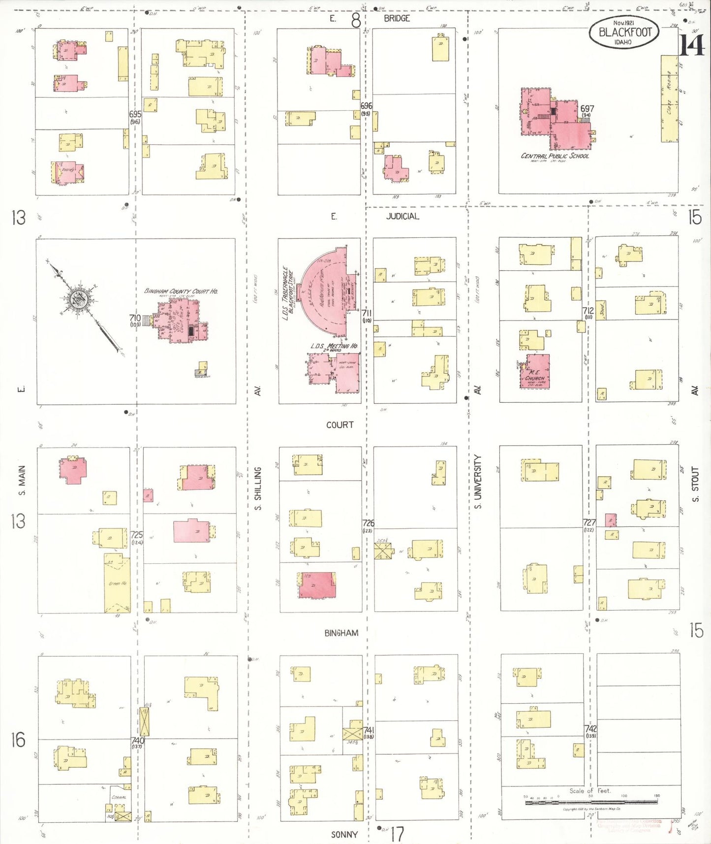 Sanborn Fire Insurance Map from Blackfoot, Bingham County, Idaho (1921), Sheet #0014 - Historic Sanborn Fire Insurance Map Print, vintage old map wall art, antique decor, genealogy gift, Idaho Idaho map