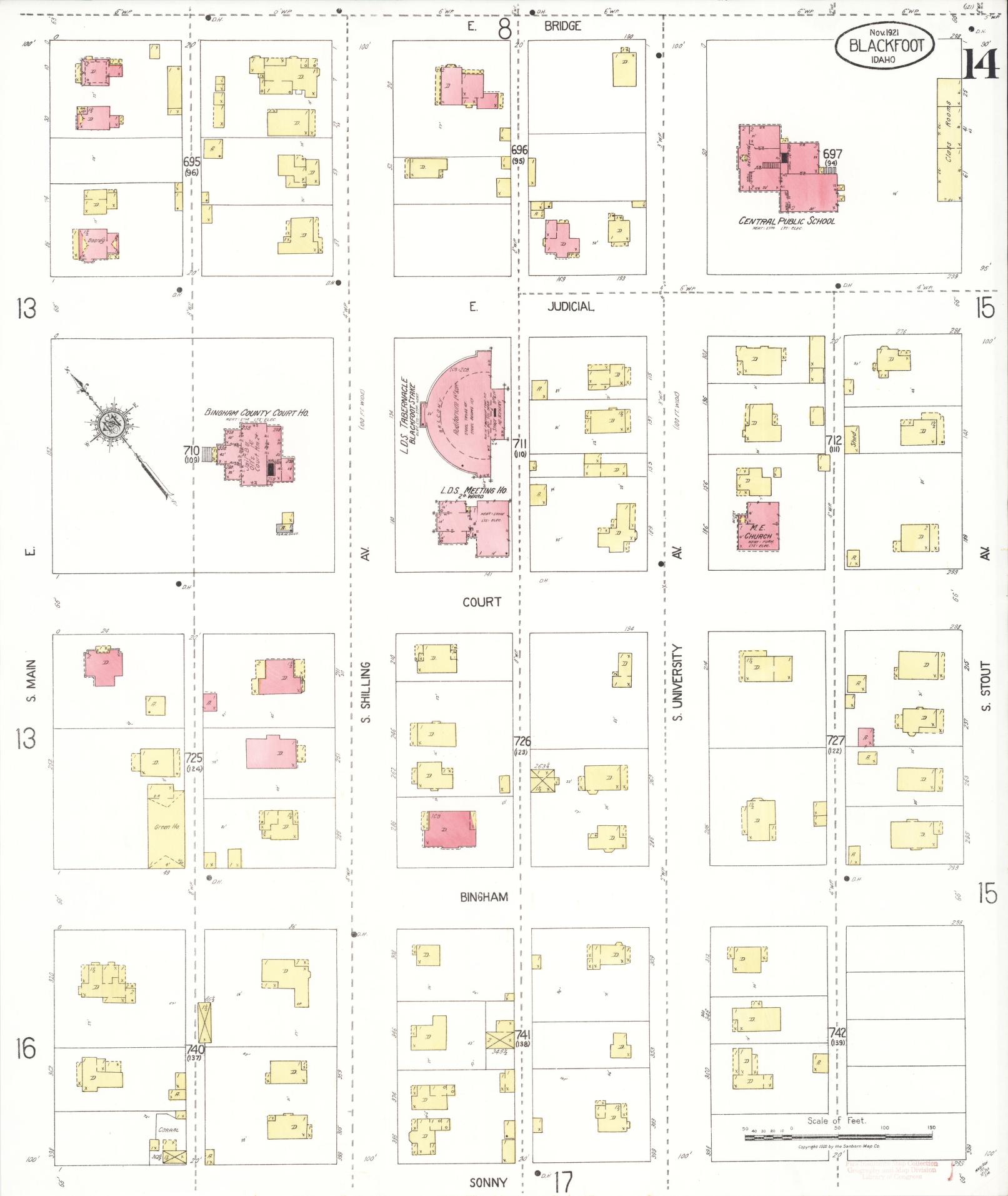 Sanborn Fire Insurance Map from Blackfoot, Bingham County, Idaho (1921), Sheet #0014 - Historic Sanborn Fire Insurance Map Print, vintage old map wall art, antique decor, genealogy gift, Idaho Idaho map