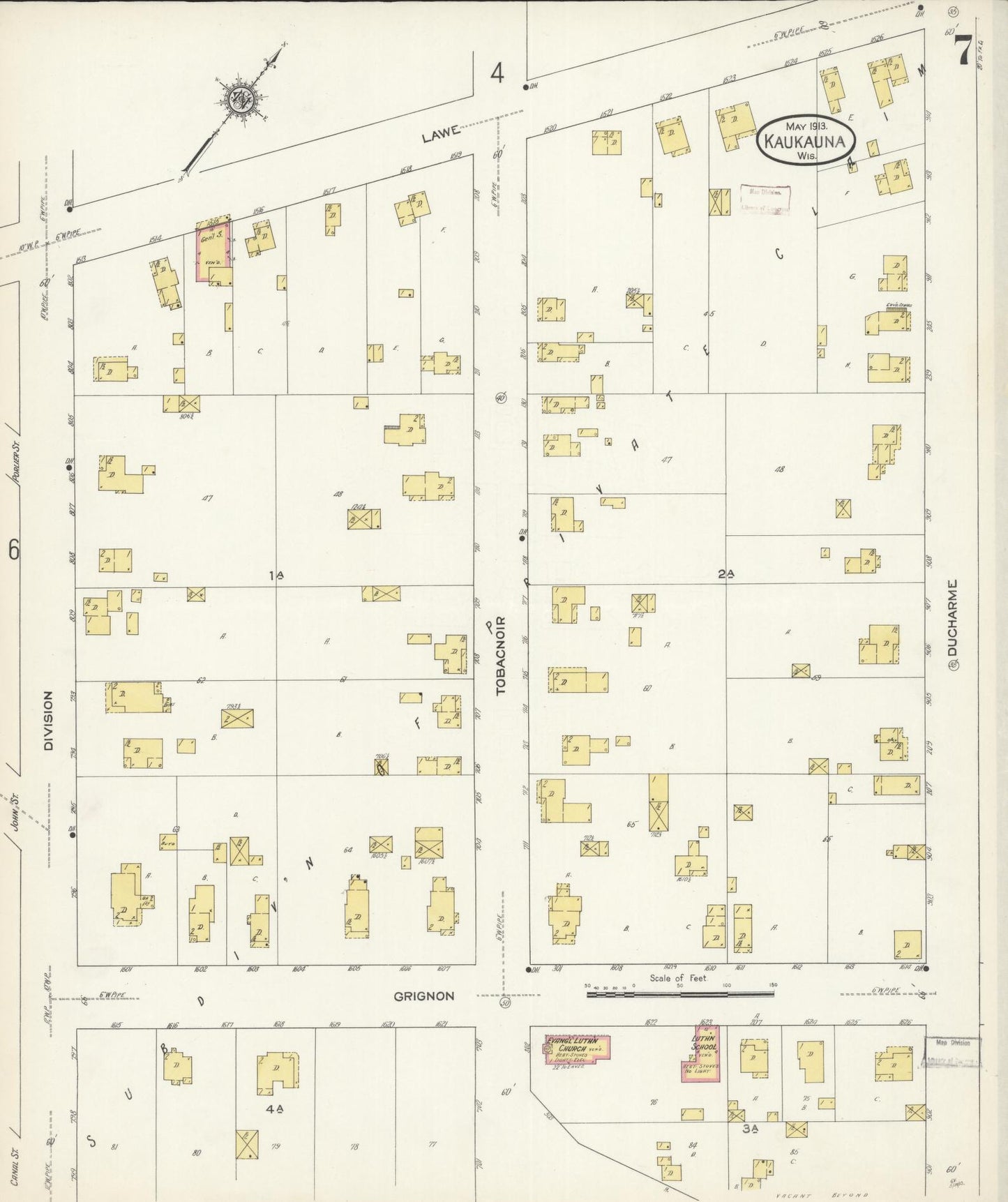 Sanborn Fire Insurance Map from Kaukauna, Outagamie County, Wisconsin (1913), Sheet #0007 - Historic Sanborn Fire Insurance Map Print, vintage old map wall art, antique decor, genealogy gift, Wisconsin Wisconsin map