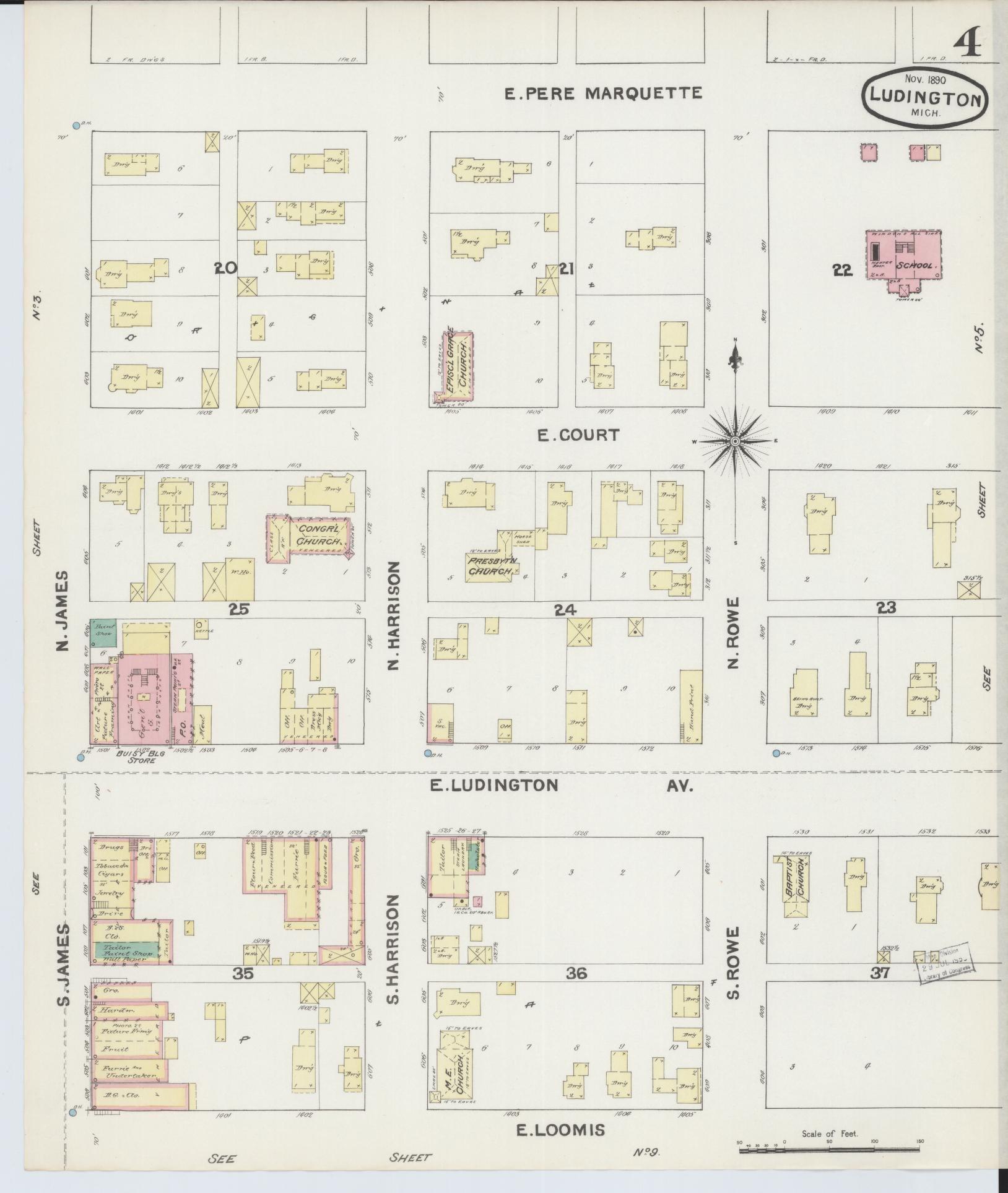 Sanborn Fire Insurance Map from Ludington, Mason County, Michigan (1890), Sheet #0004 - Complete Map Set gallery image, historic Sanborn map, vintage wall art, Michigan Michigan