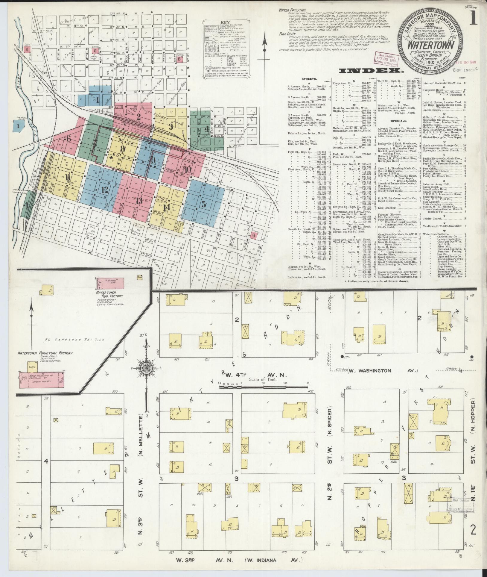 Sanborn Fire Insurance Map from Watertown, Codington County, South Dakota (1910), Sheet #0001 - Historic Sanborn Fire Insurance Map Print, vintage old map wall art, antique decor, genealogy gift, South Dakota South Dakota map