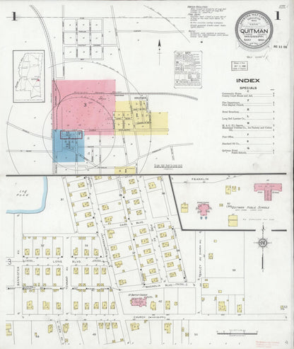 Sanborn Fire Insurance Map from Quitman, Clarke County, Mississippi (1930), Sheet #0001 - Complete Map Set gallery image, historic Sanborn map, vintage wall art, Mississippi Mississippi
