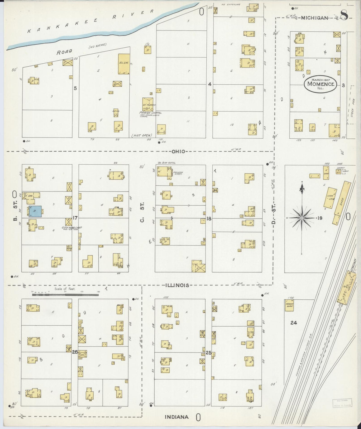 Sanborn Fire Insurance Map from Momence, Kankakee County, Illinois (1907), Sheet #0008 - Historic Sanborn Fire Insurance Map Print, vintage old map wall art, antique decor, genealogy gift, Illinois Illinois map