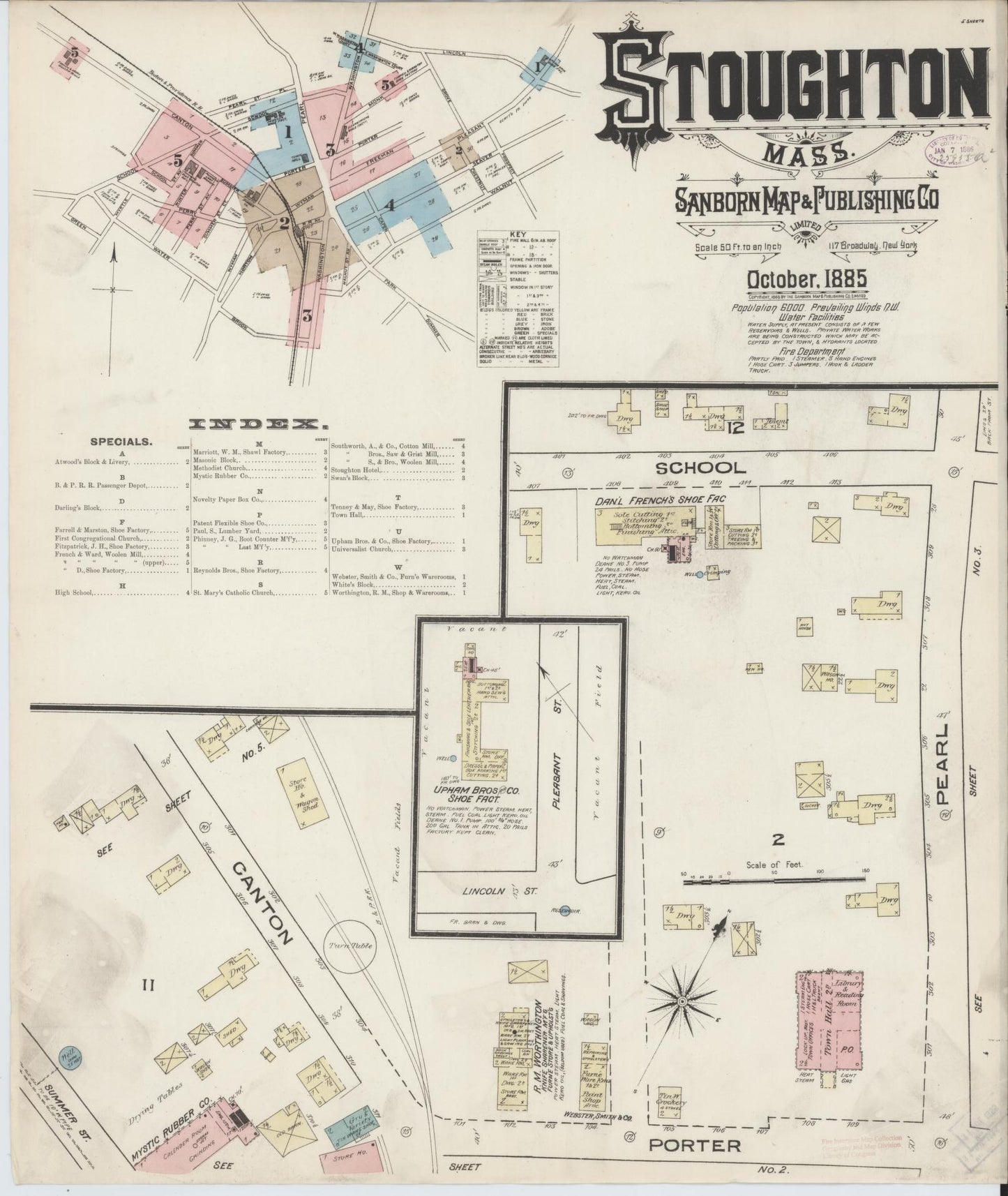 Sanborn Fire Insurance Map from Stoughton, Norfolk County, Massachusetts (1885), Sheet #0001 - Complete Map Set gallery image, historic Sanborn map, vintage wall art, Massachusetts Massachusetts