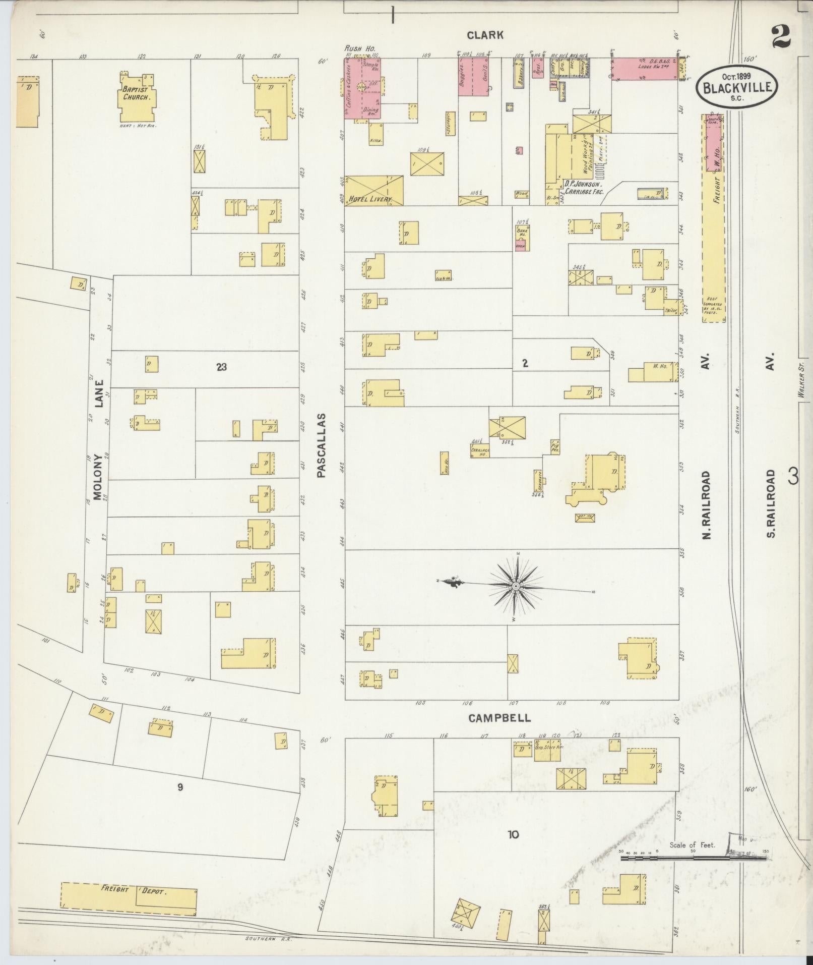 Sanborn Fire Insurance Map from Blackville, Barnwell County, South Carolina (1899), Sheet #0002 - Complete Map Set gallery image, historic Sanborn map, vintage wall art, South Carolina South Carolina