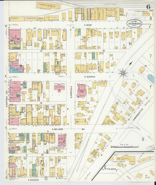 Sanborn Fire Insurance Map from Ironwood, Gogebic County, Michigan (1908), Sheet #0006 - Historic Sanborn Fire Insurance Map Print, vintage old map wall art, antique decor, genealogy gift, Michigan Michigan map