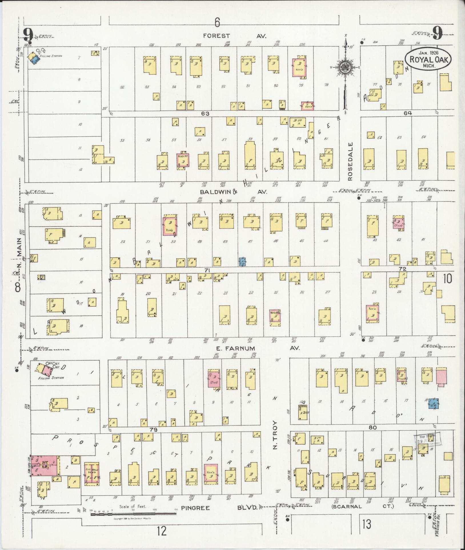 Sanborn Fire Insurance Map from Royal Oak, Oakland County, Michigan (1926), Sheet #0009 - Complete Map Set gallery image, historic Sanborn map, vintage wall art, Michigan Michigan