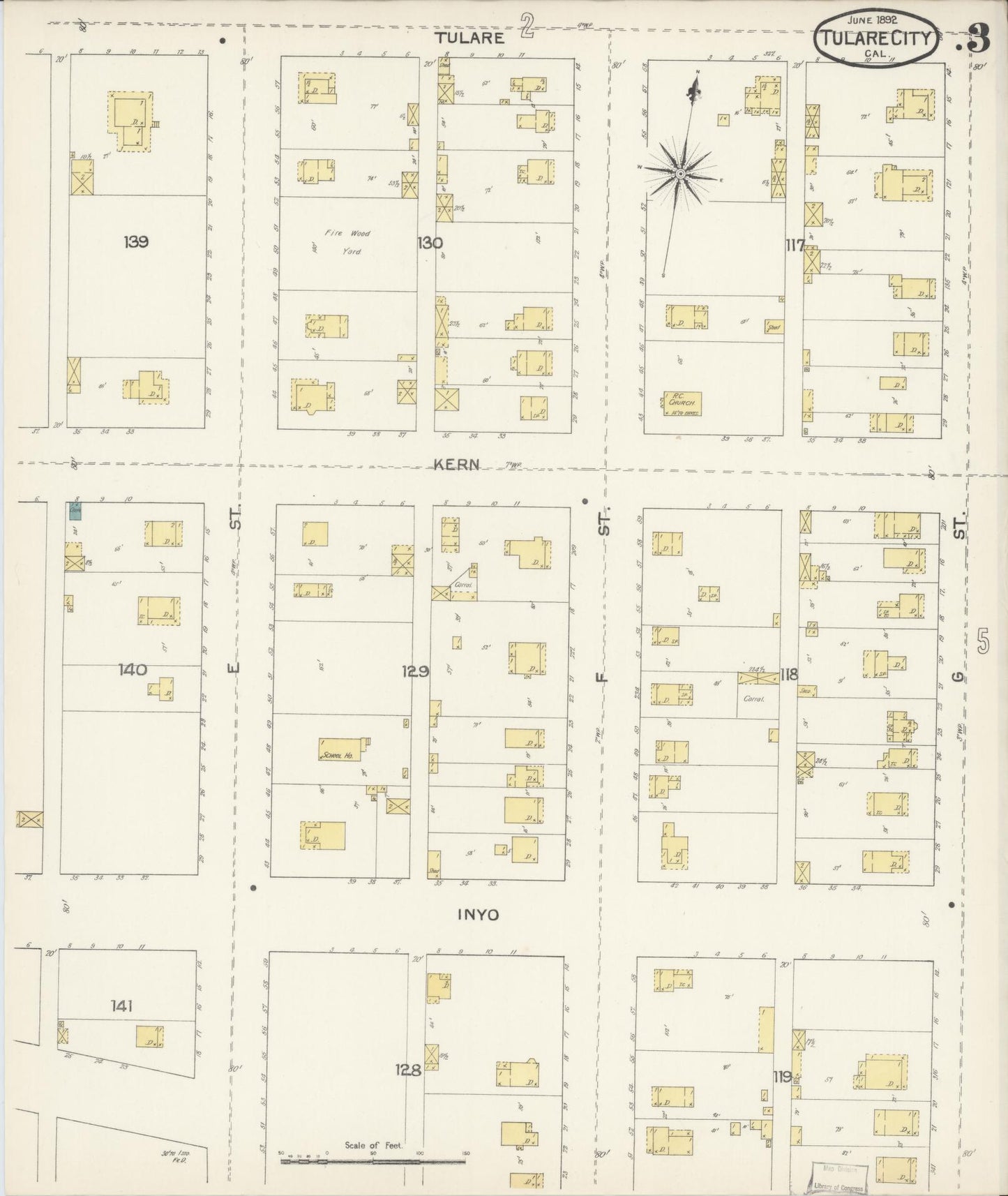 Sanborn Fire Insurance Map from Tulare, Tulare County, California (1892), Sheet #0003 - Complete Map Set gallery image, historic Sanborn map, vintage wall art, California California