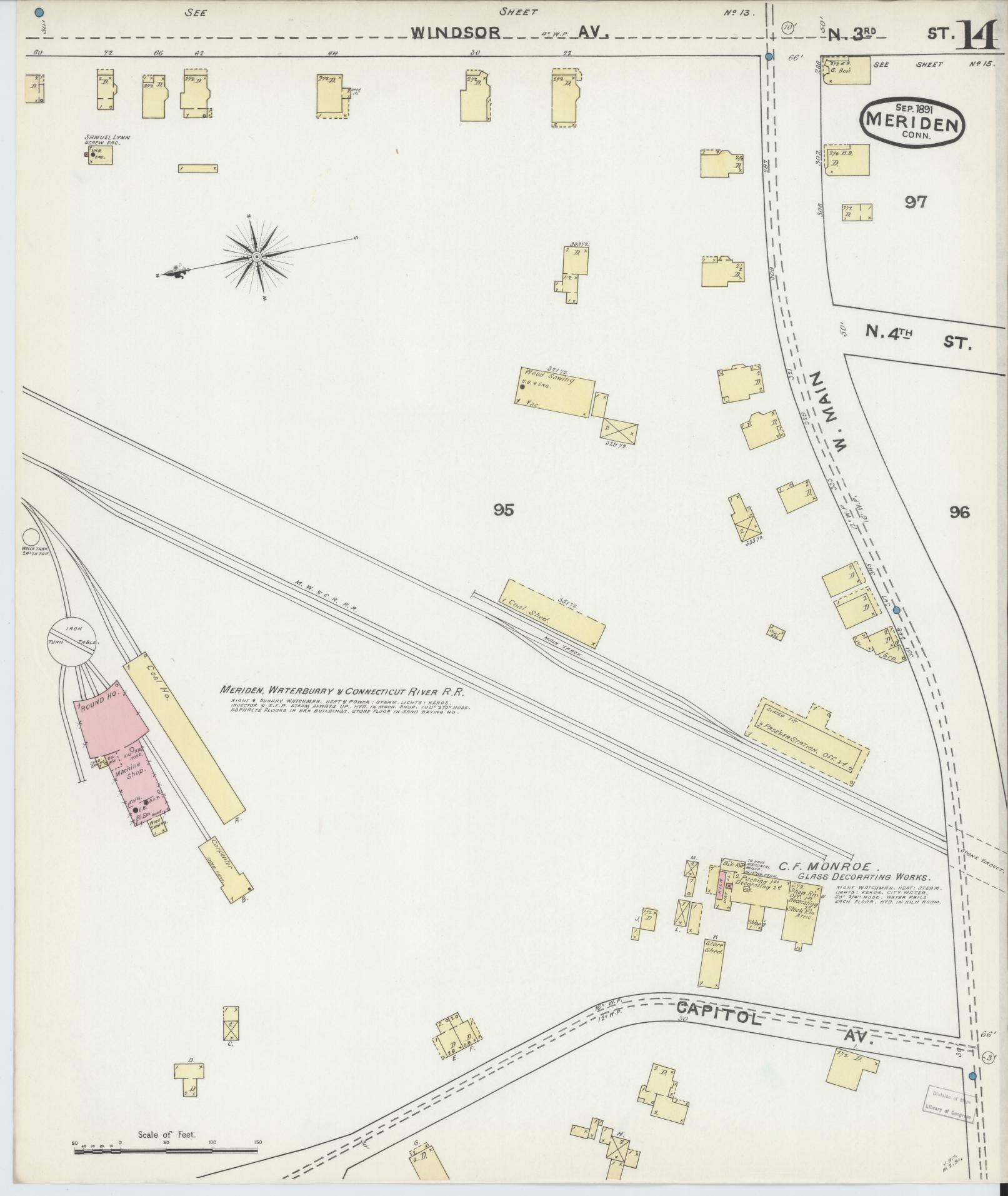 Sanborn Fire Insurance Map from Meriden, New Haven County, Connecticut (1891), Sheet #0014 - Complete Map Set gallery image, historic Sanborn map, vintage wall art, Connecticut Connecticut