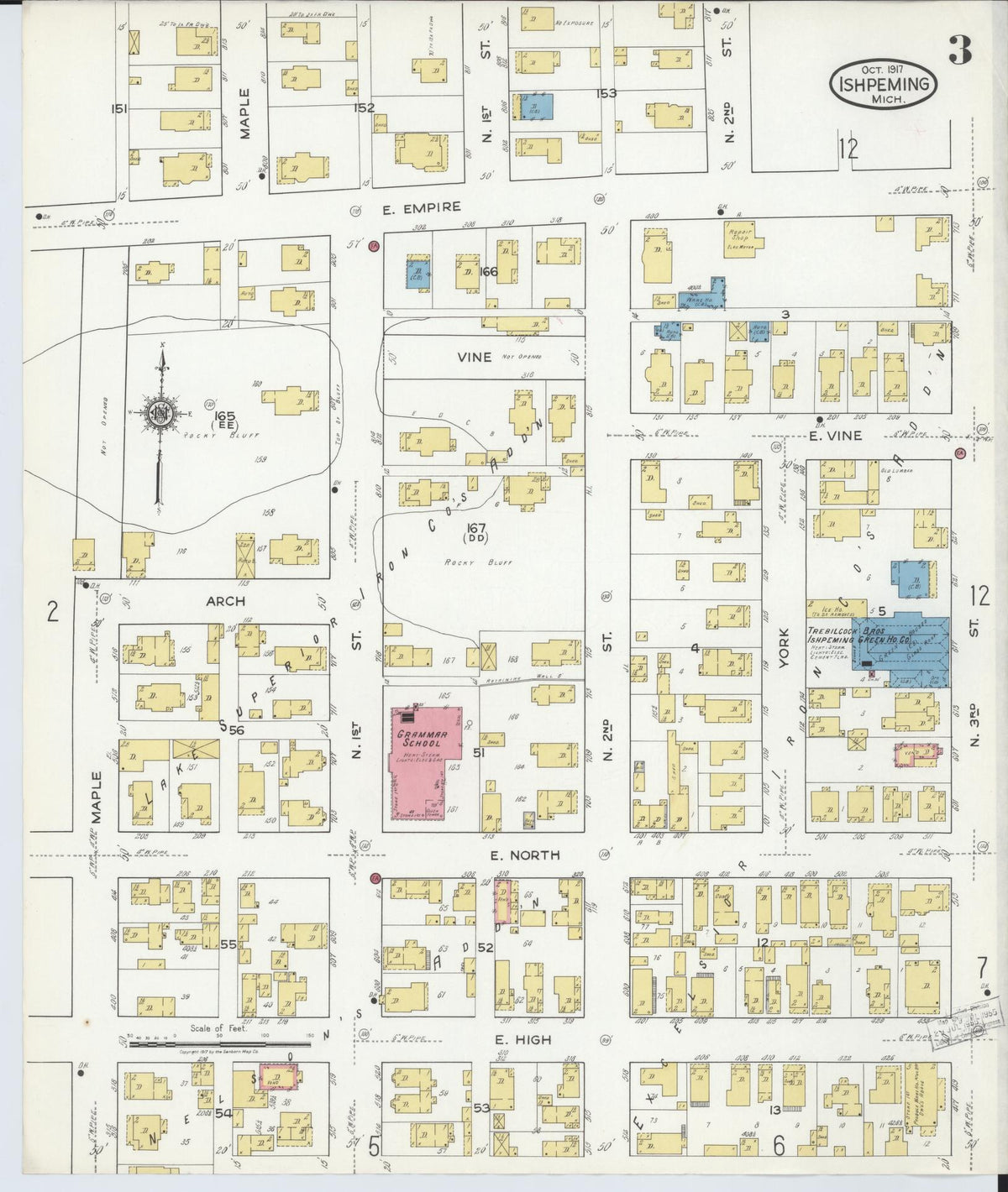Sanborn Fire Insurance Map from Ishpeming, Marquette County, Michigan (1917), Sheet #0003 - Historic Sanborn Fire Insurance Map Print, vintage old map wall art, antique decor, genealogy gift, Michigan Michigan map