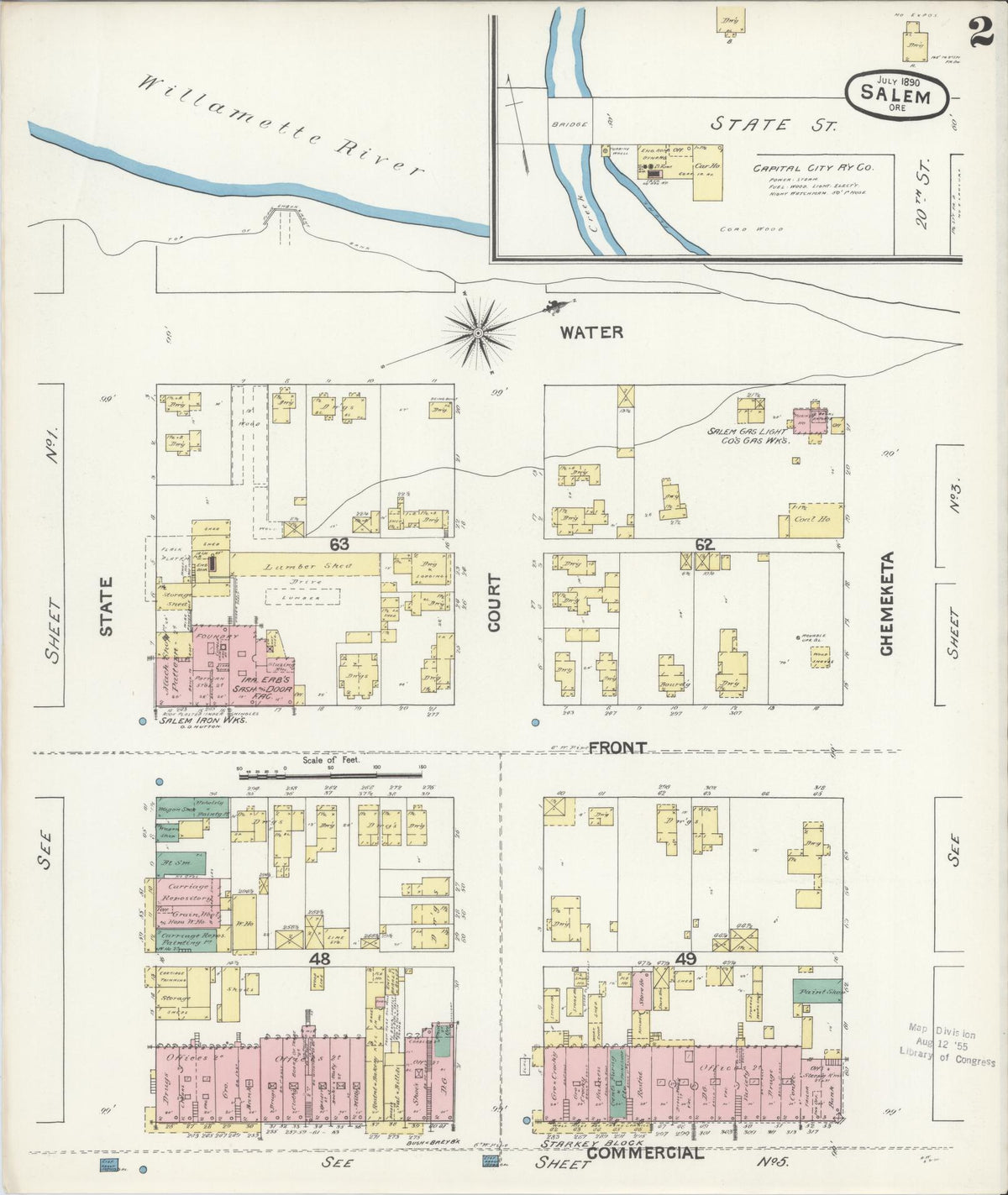 Sanborn Fire Insurance Map from Salem, Marion County, Oregon (1890), Sheet #0002 - Historic Sanborn Fire Insurance Map Print, vintage old map wall art, antique decor, genealogy gift, Oregon Oregon map