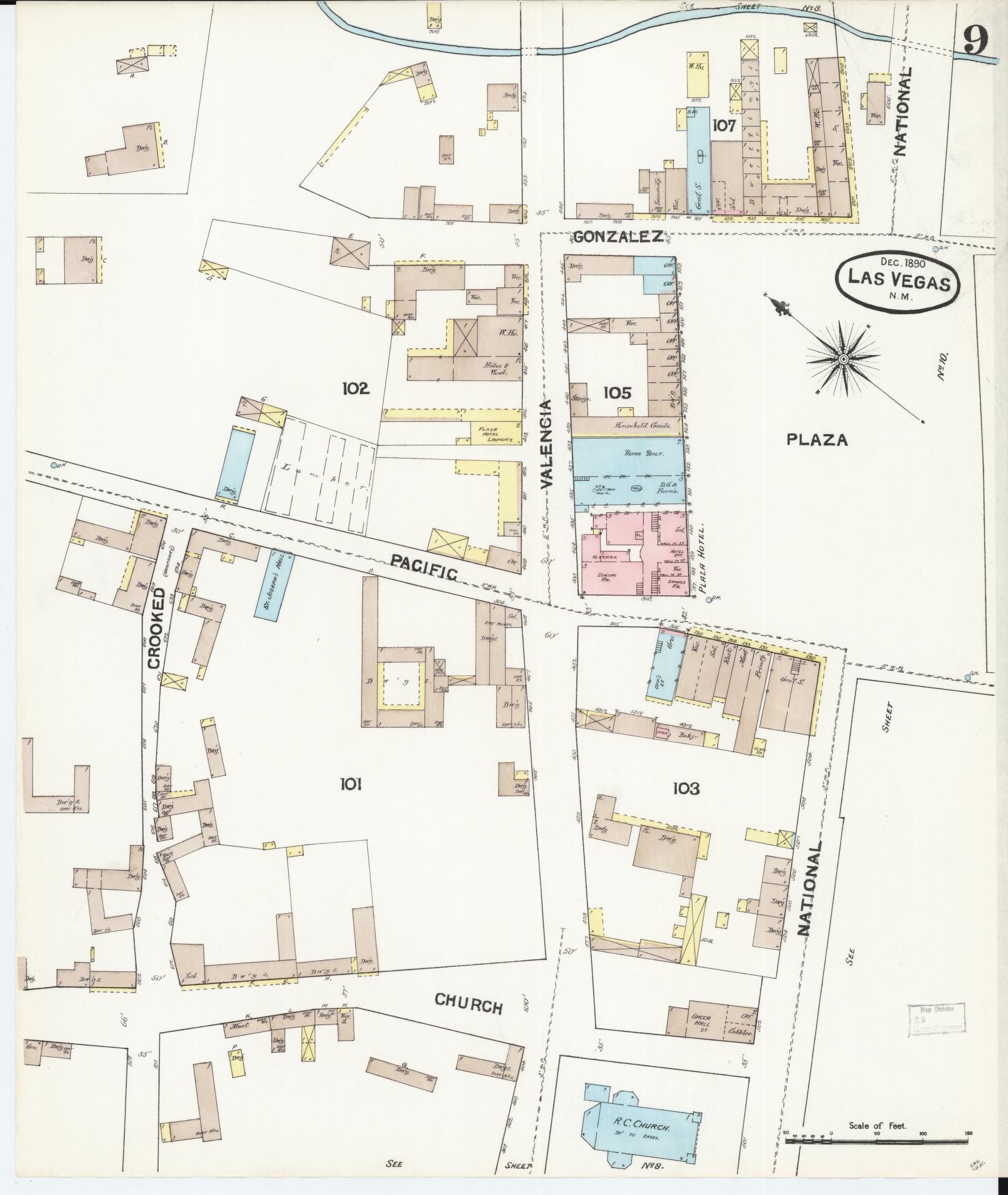 Sanborn Fire Insurance Map from Las Vegas, San Miguel County, New Mexico (1890), Sheet #0009 - Complete Map Set gallery image, historic Sanborn map, vintage wall art, New Mexico New Mexico